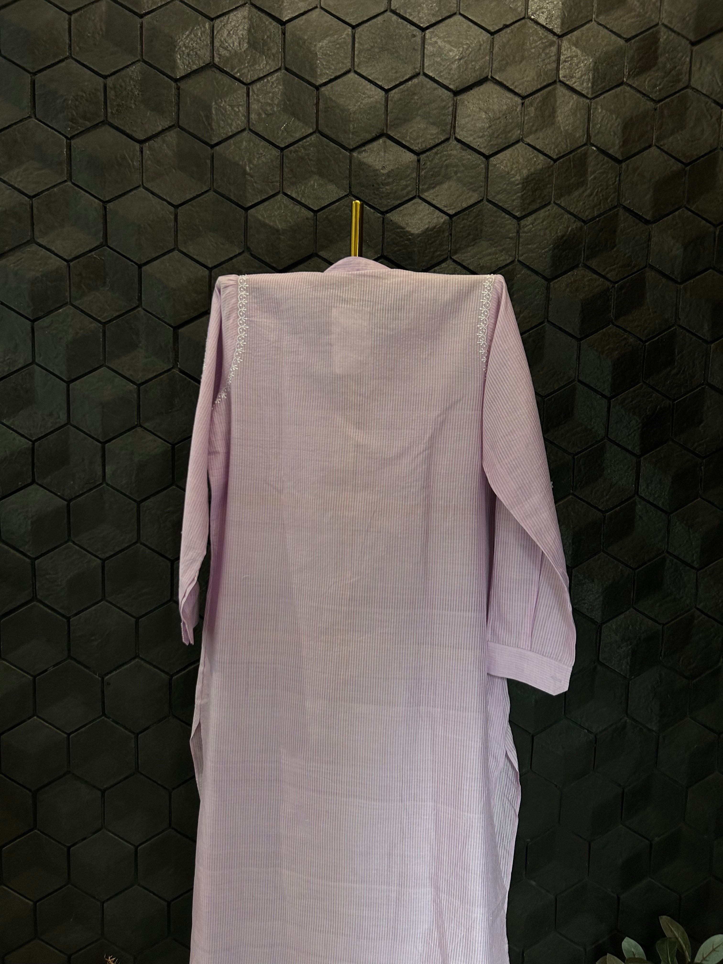 Lavender Chanderi Striped Handloom Chikankari Kurta