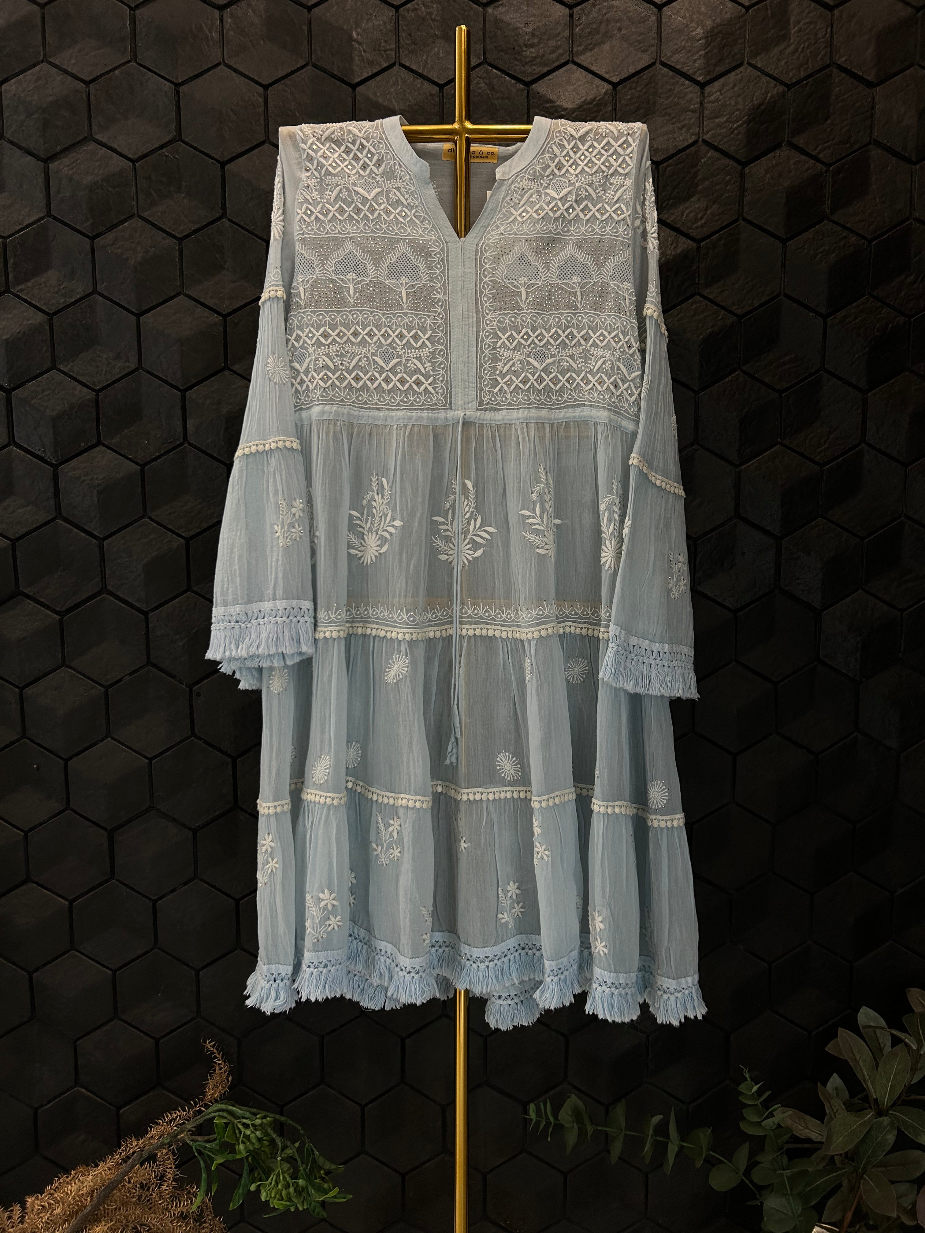 Sky Blue Mul Chanderi Chikankari Dress