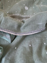 Sage Green Silver Tissue Chikankari Anarkali Set