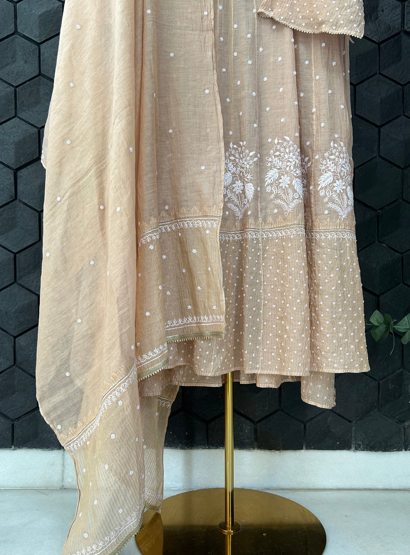 Pink Tissue Chikankari Anarkali Set