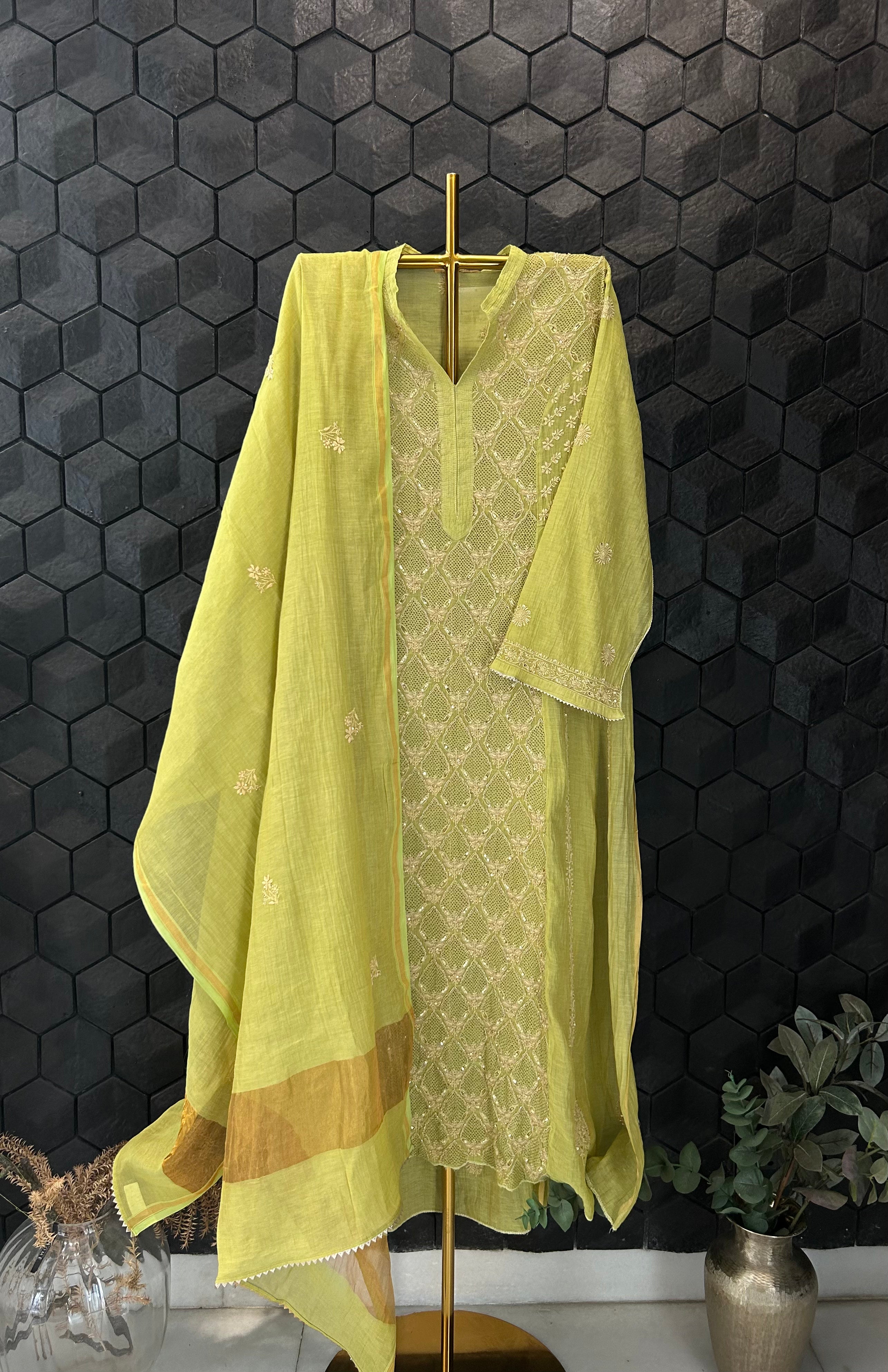 Lime Green Tissue Chikankari Kurta Set