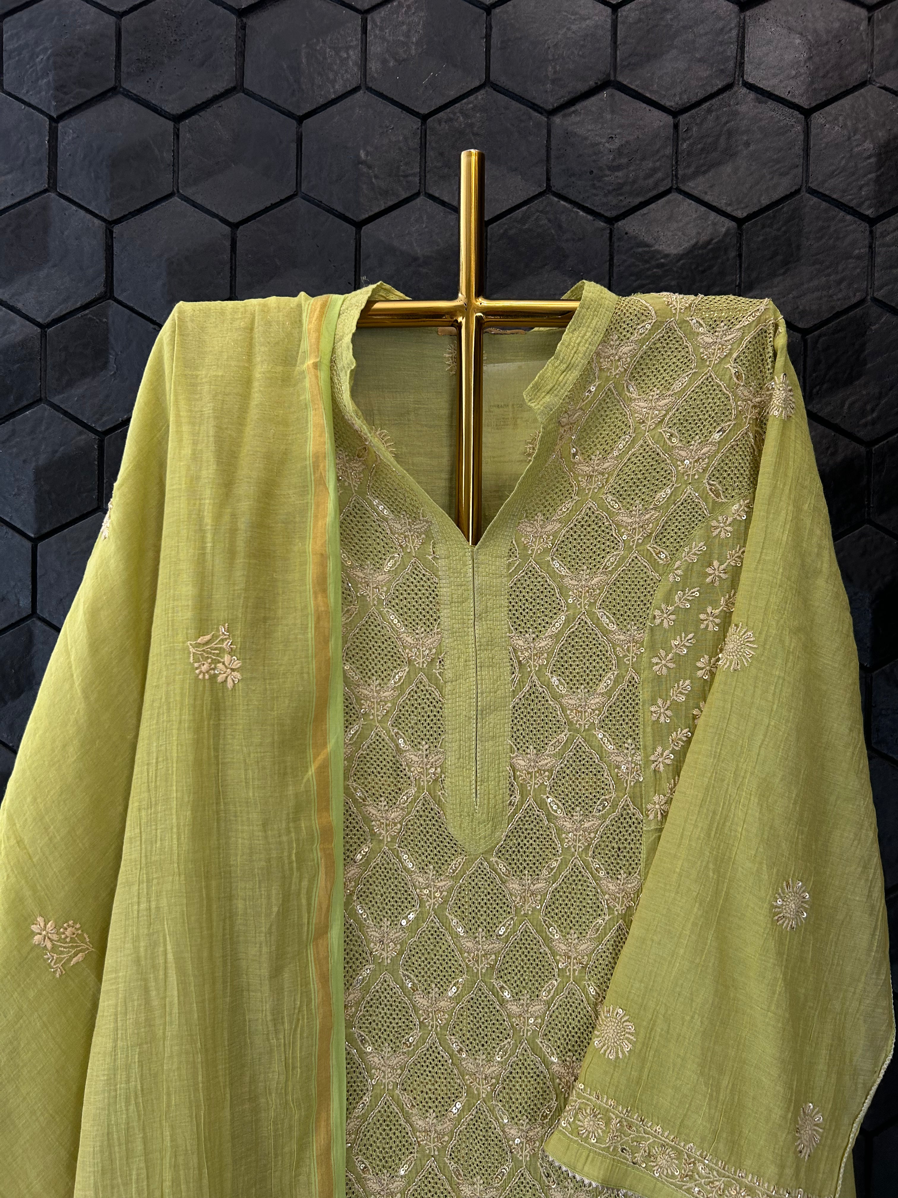 Lime Green Tissue Chikankari Kurta Set