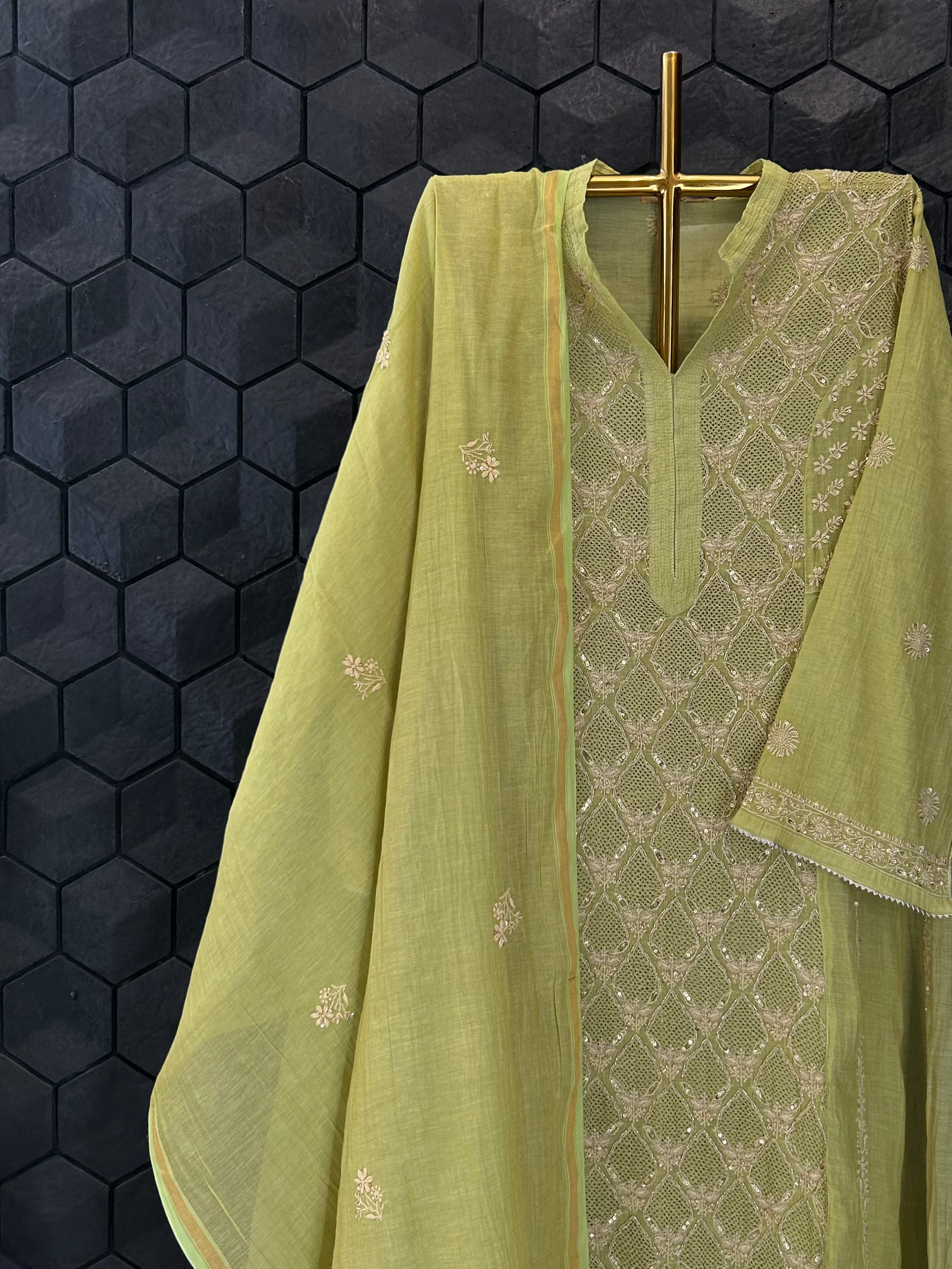 Lime Green Tissue Chikankari Kurta Set