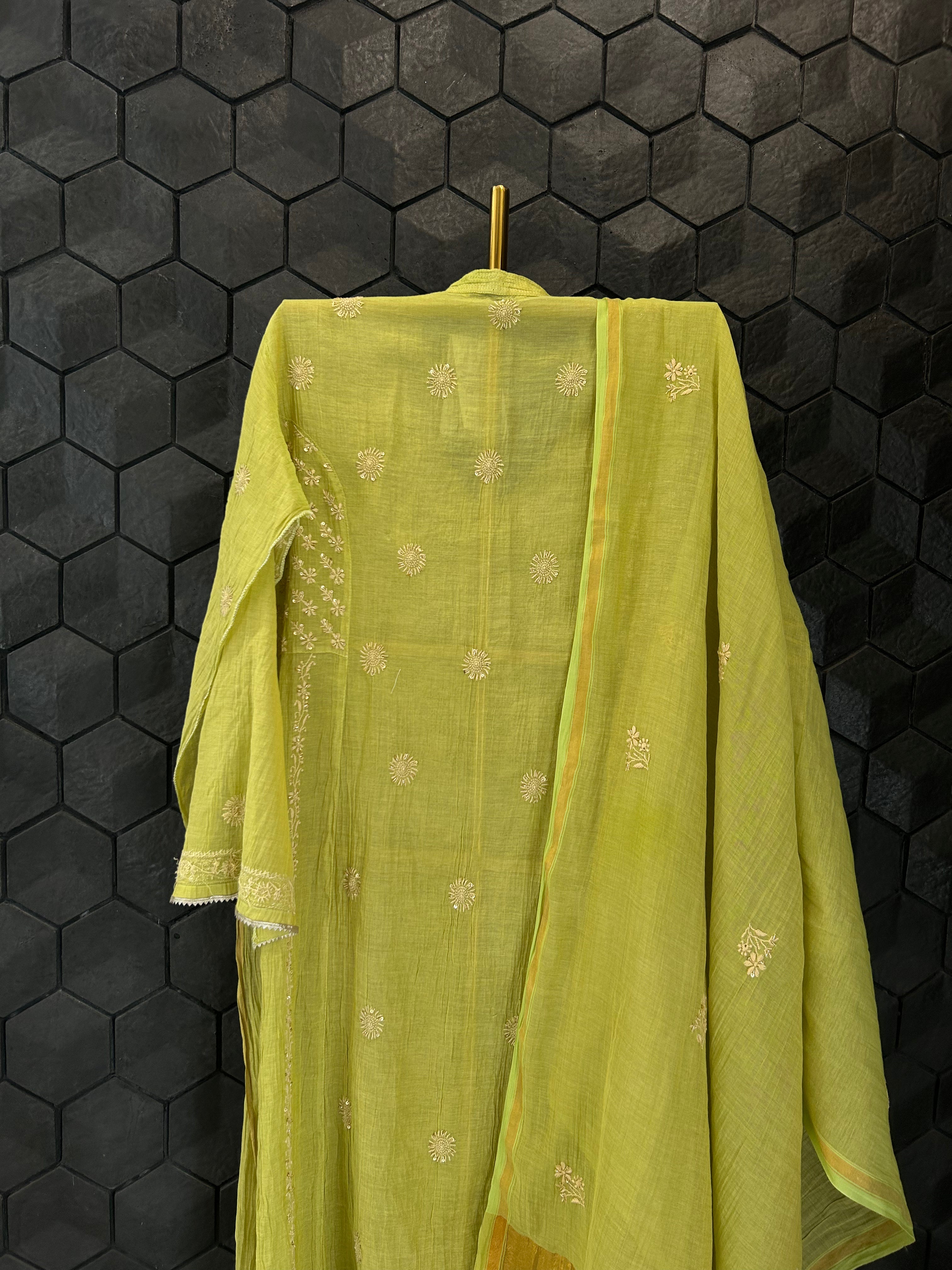 Lime Green Tissue Chikankari Kurta Set