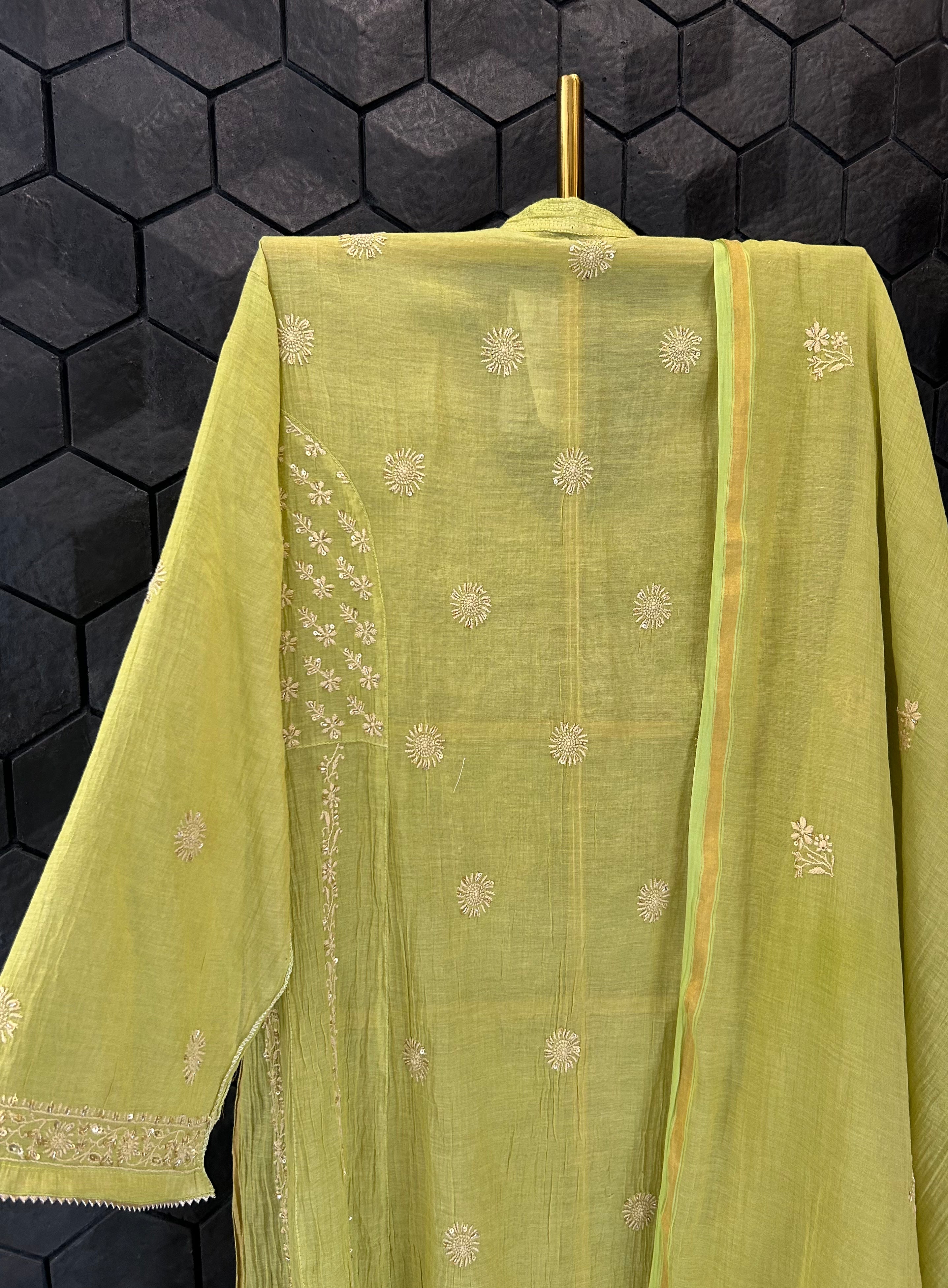 Lime Green Tissue Chikankari Kurta Set