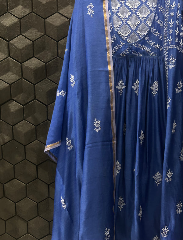 Cobalt Blue Moonga Silk Angarkha Suit Set