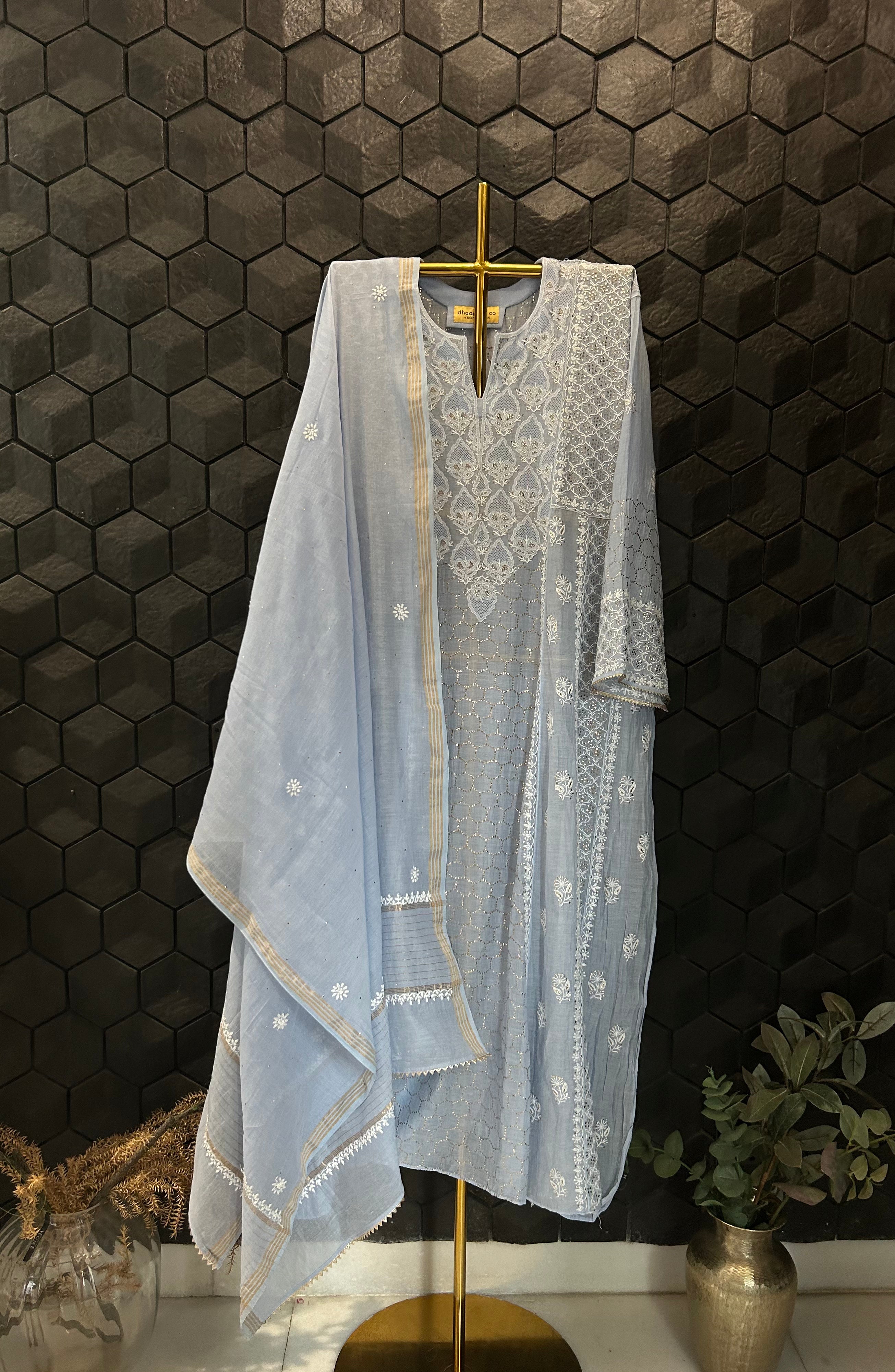 Powder Blue Mul Chanderi Chikankari And Mukaish Kurta Set