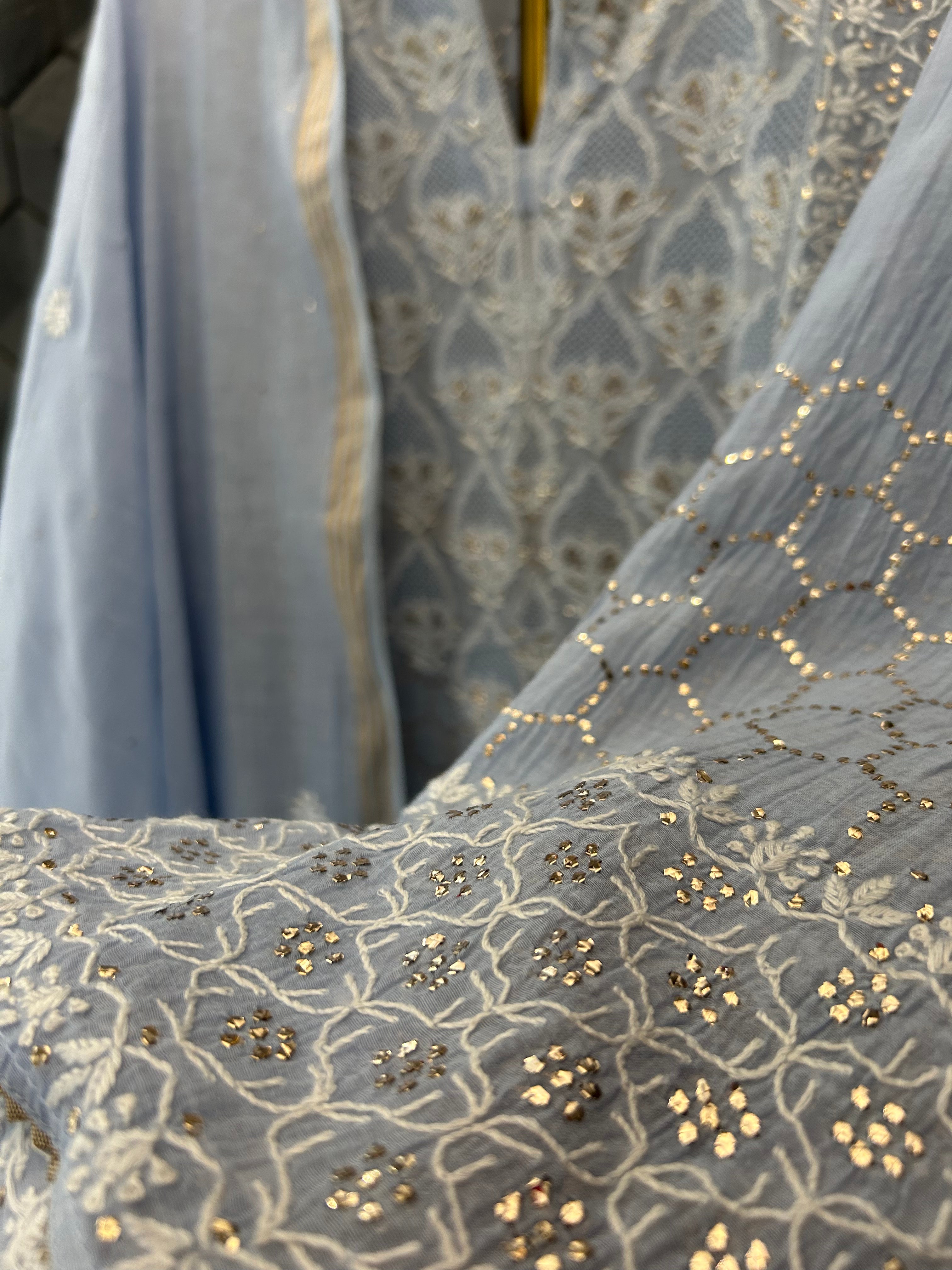 Powder Blue Mul Chanderi Chikankari And Mukaish Kurta Set