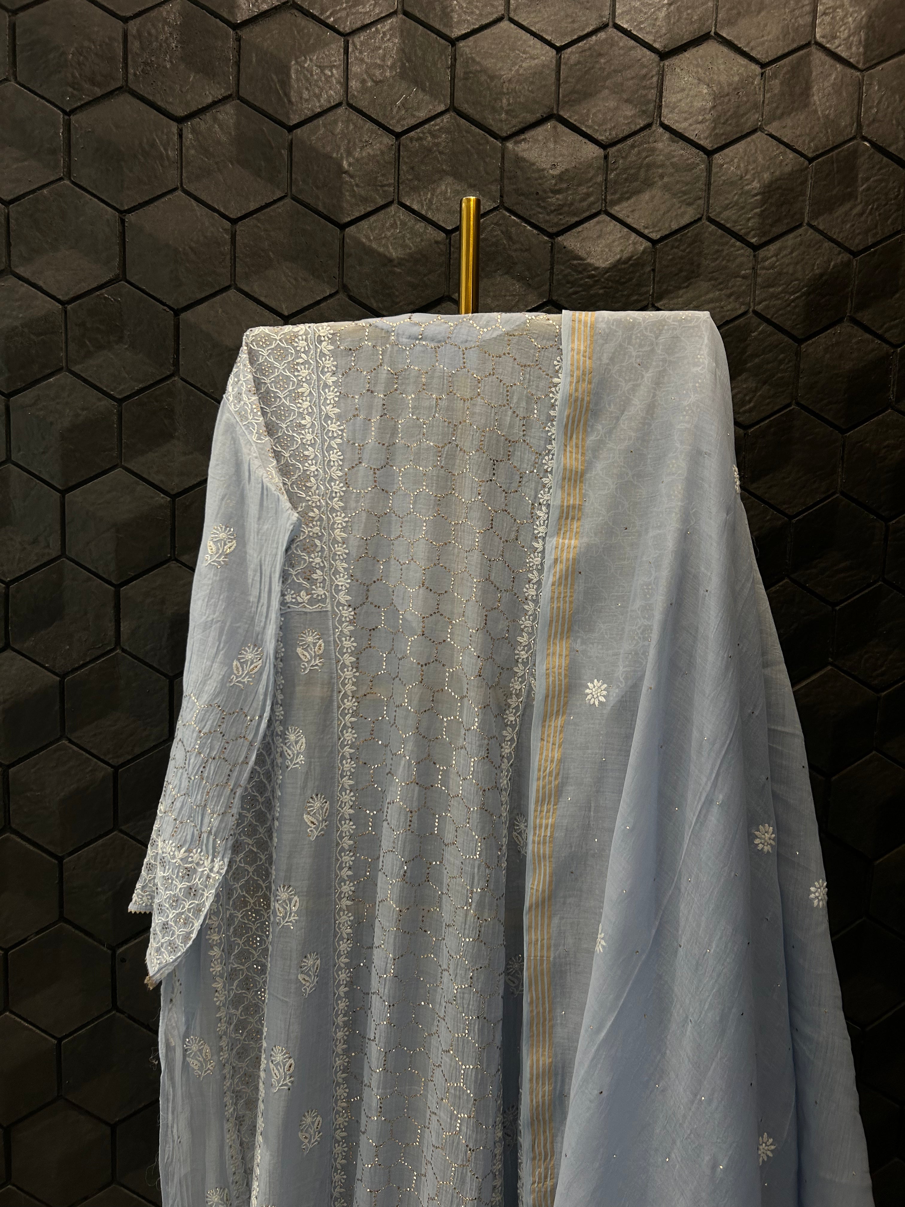 Powder Blue Mul Chanderi Chikankari And Mukaish Kurta Set