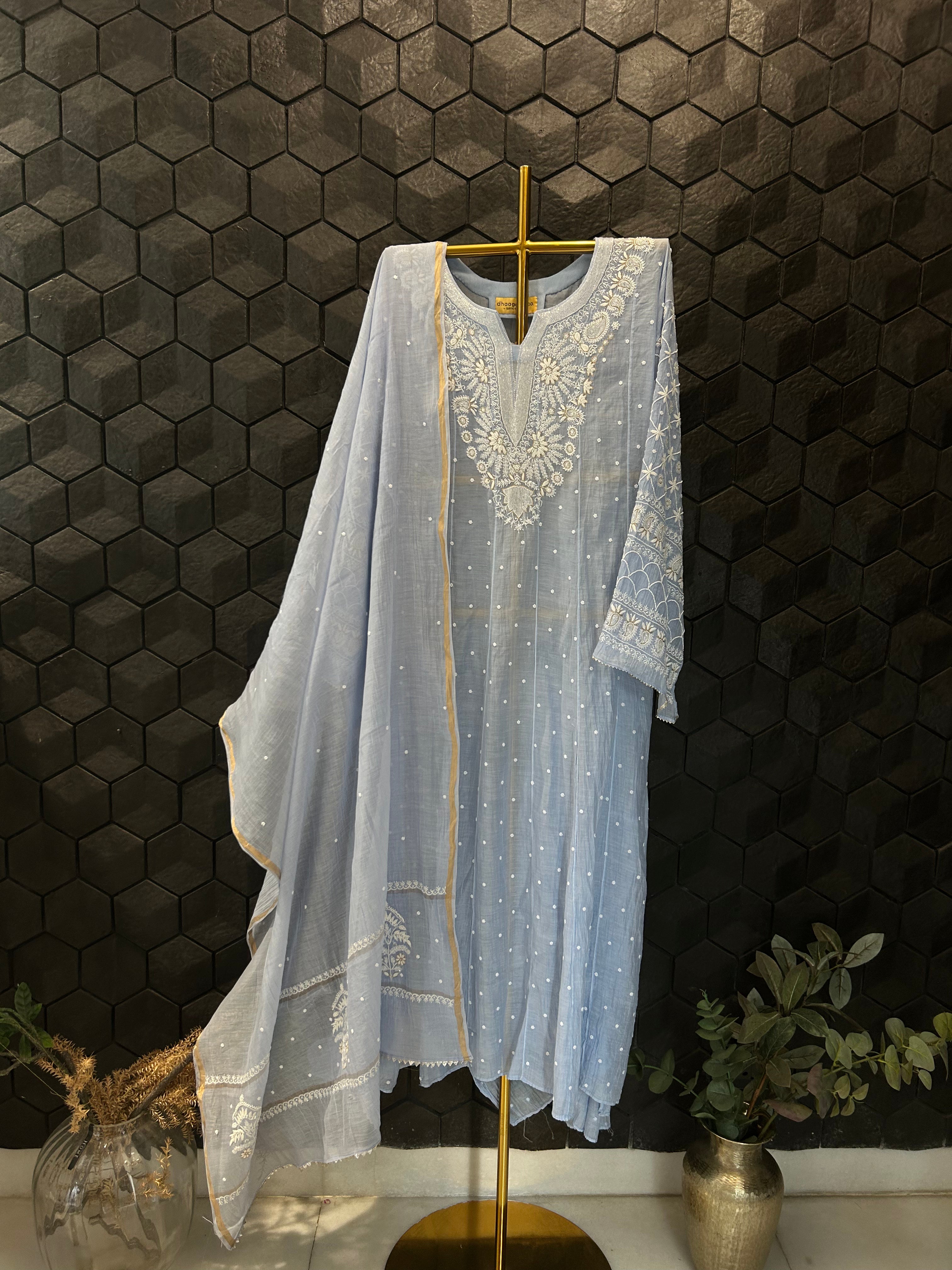 Powder Blue Mul Chanderi Chikankari Anarkali  Set