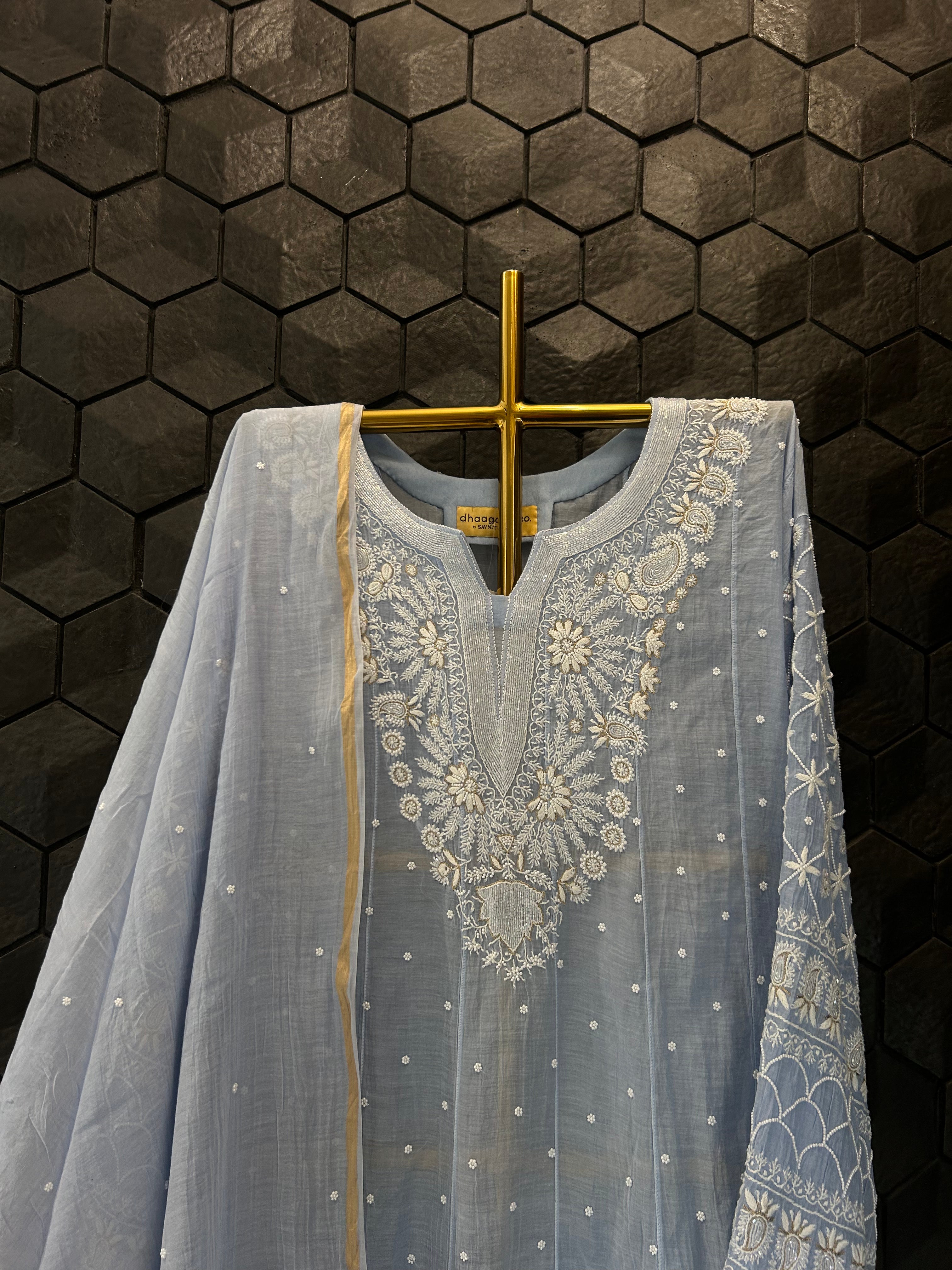 Powder Blue Mul Chanderi Chikankari Anarkali  Set