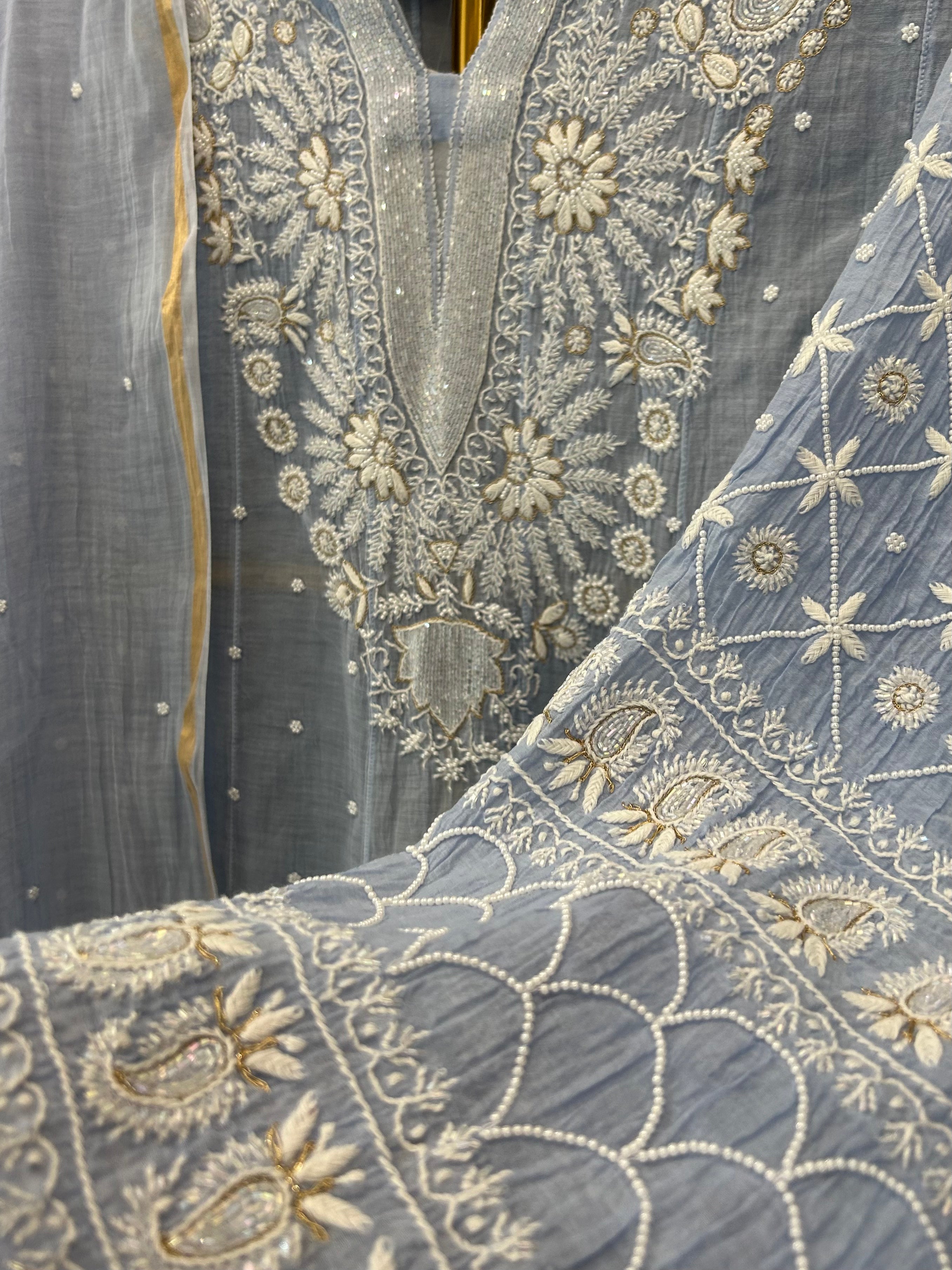 Powder Blue Mul Chanderi Chikankari Anarkali  Set