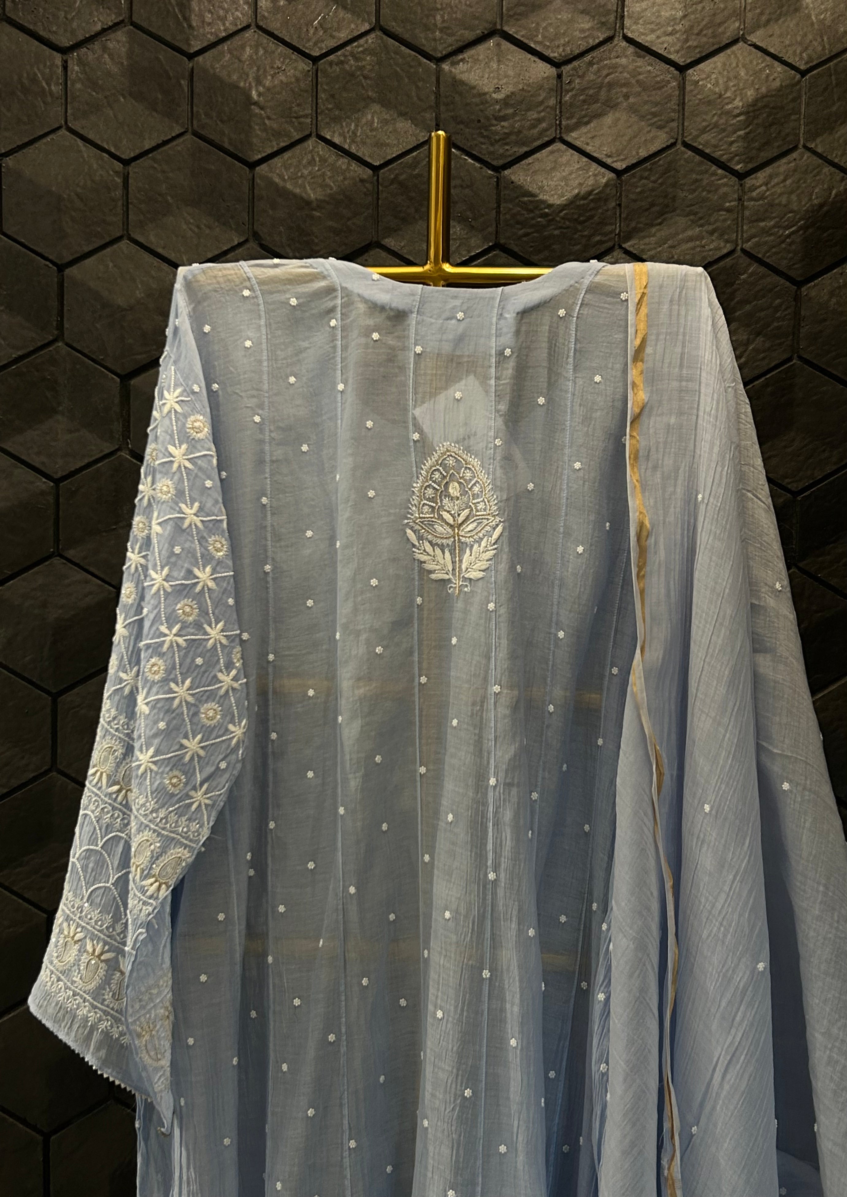 Powder Blue Mul Chanderi Chikankari Anarkali  Set