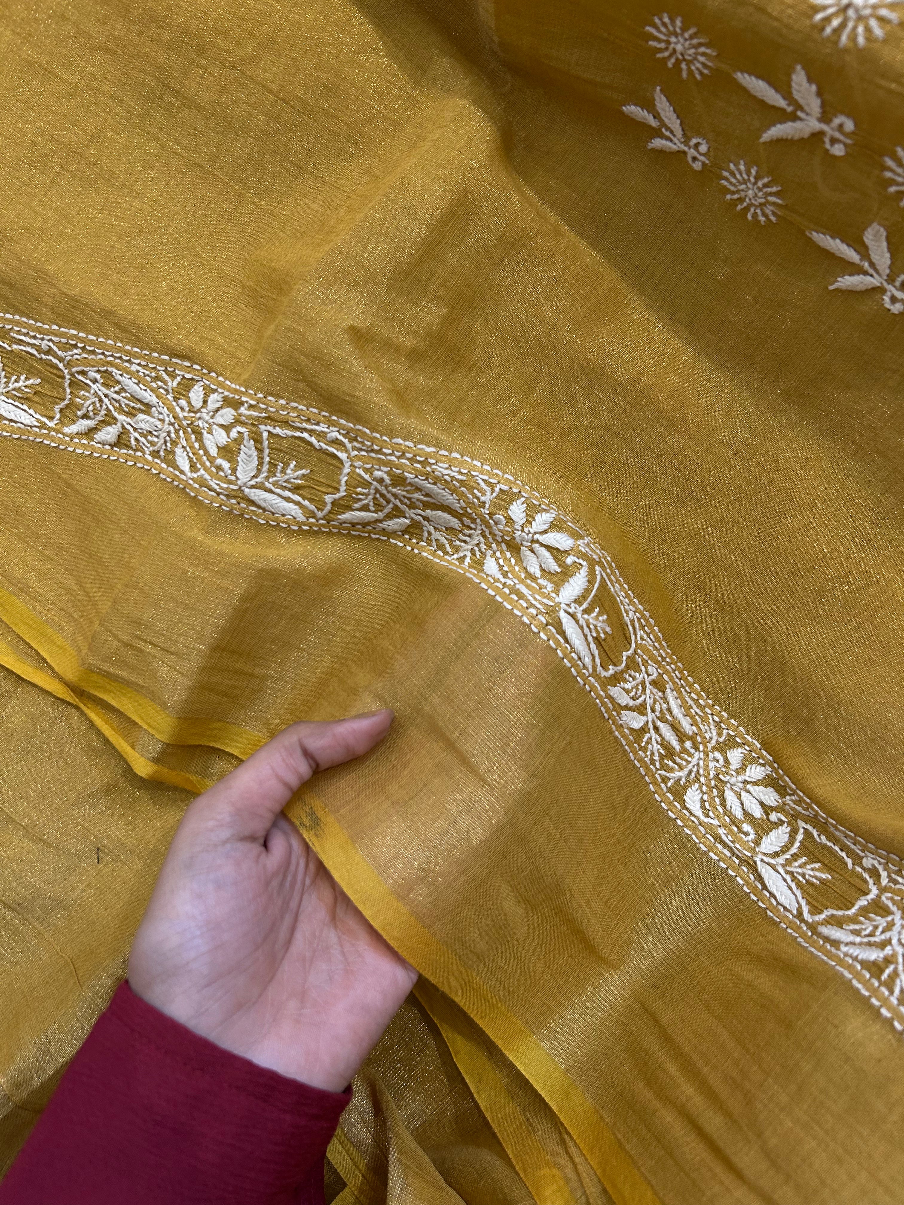 Green Golden Tissue Chikankari Mens kurta