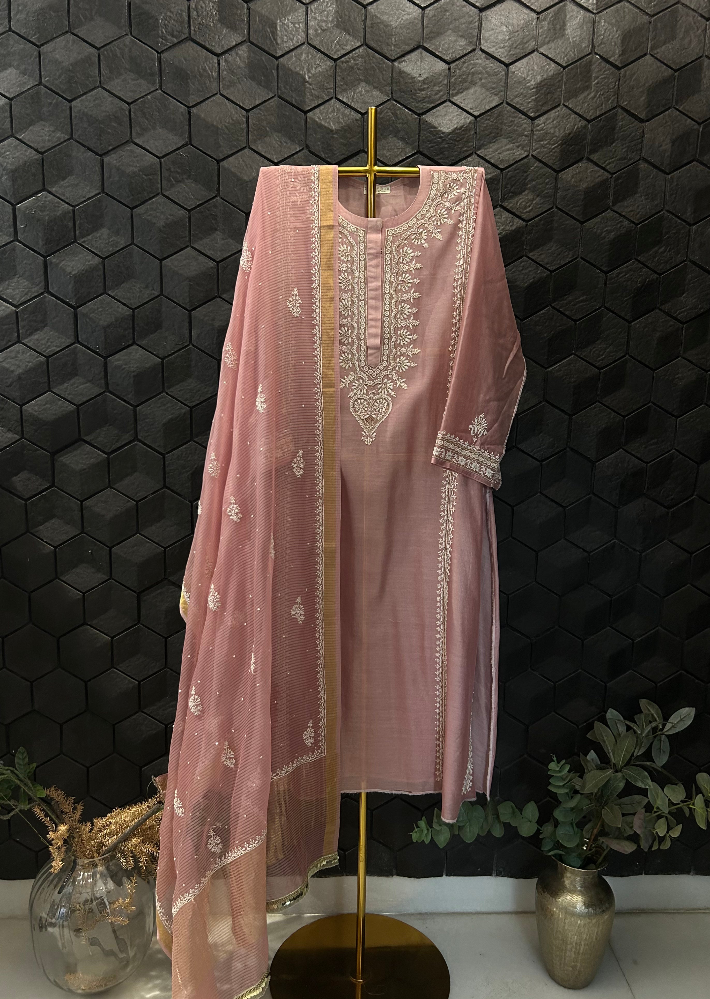 Pink Short Mul Chanderi Anarkali Set