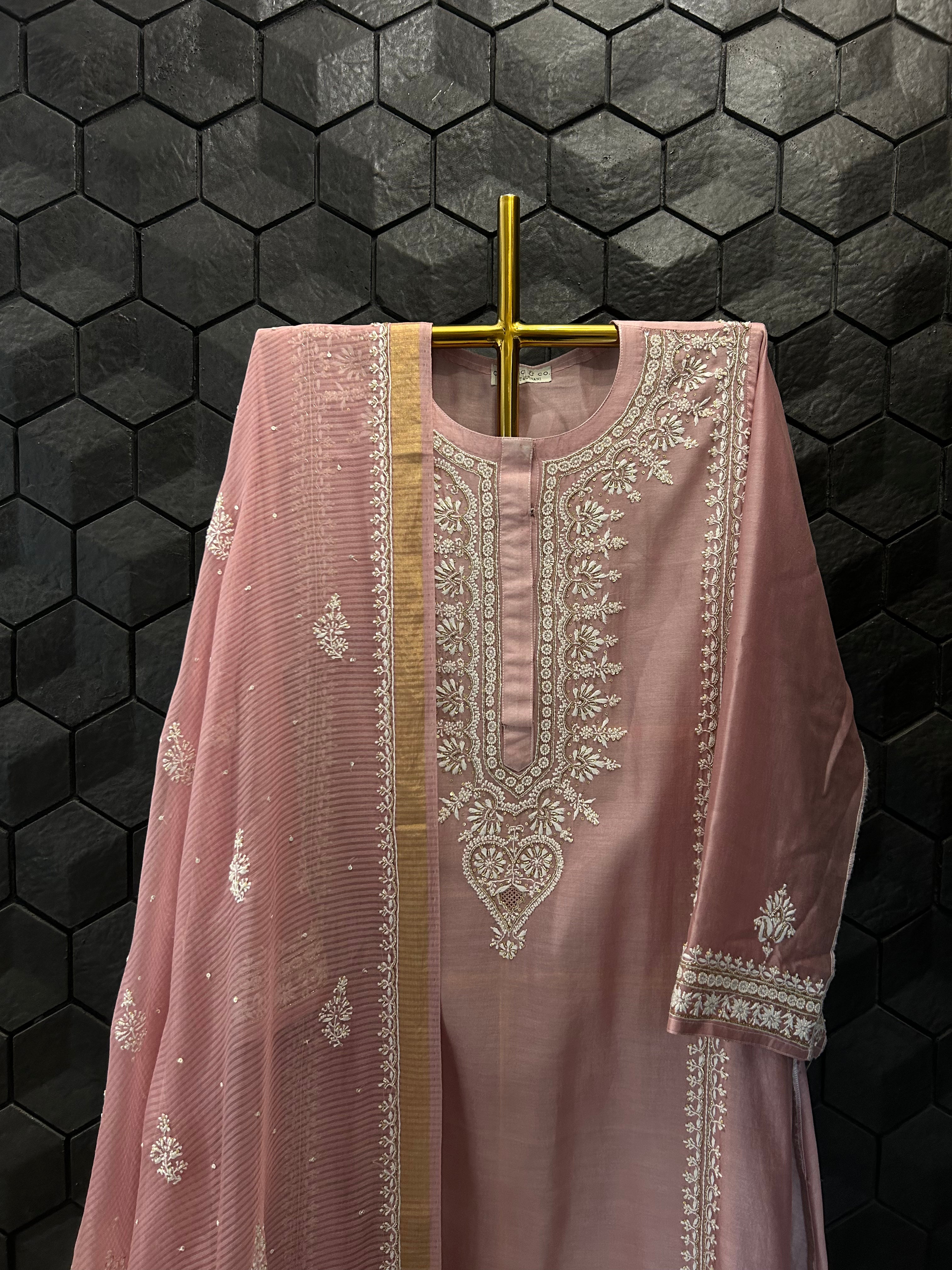 Pink Short Mul Chanderi Anarkali Set