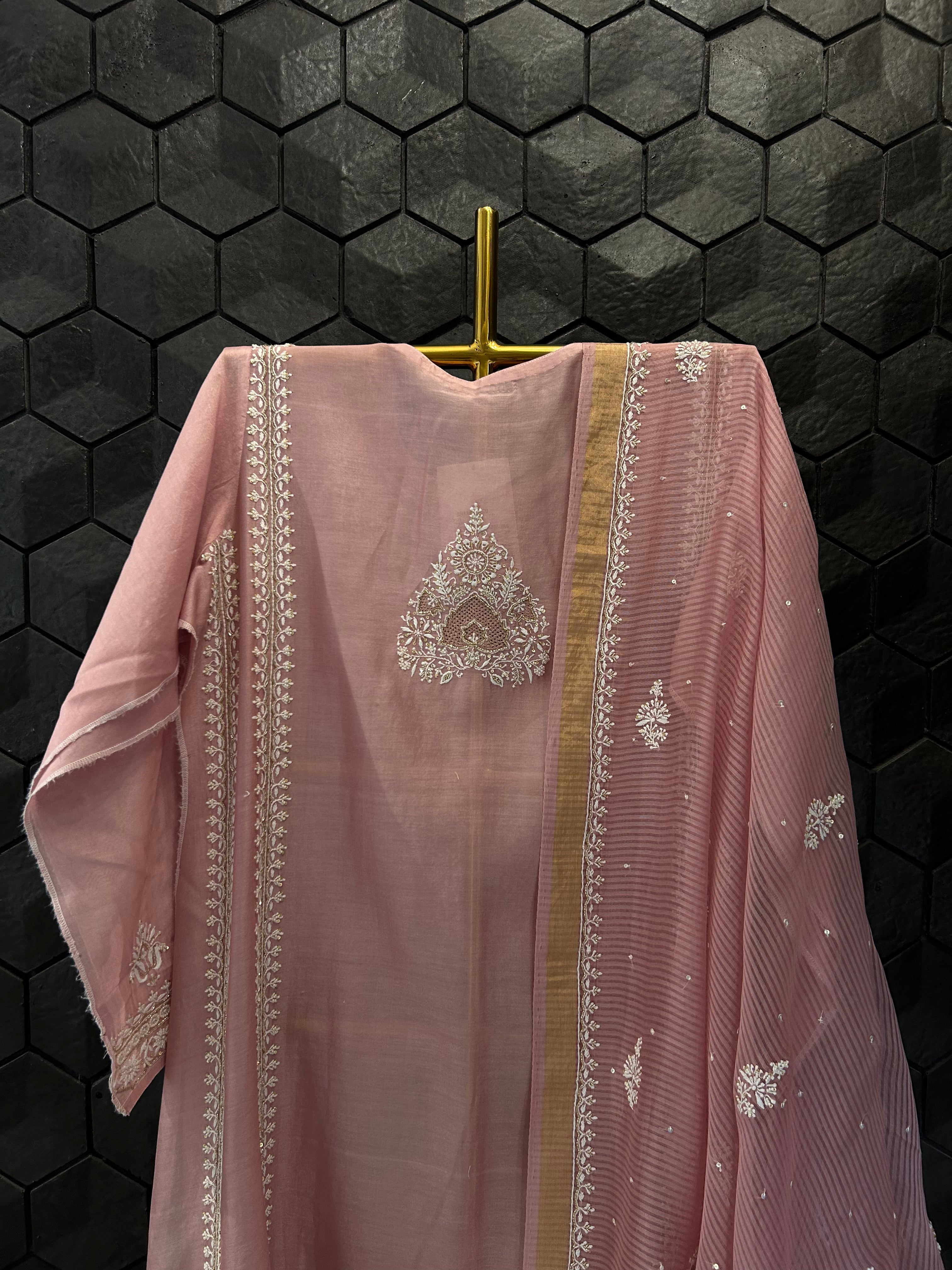 Pink Short Mul Chanderi Anarkali Set