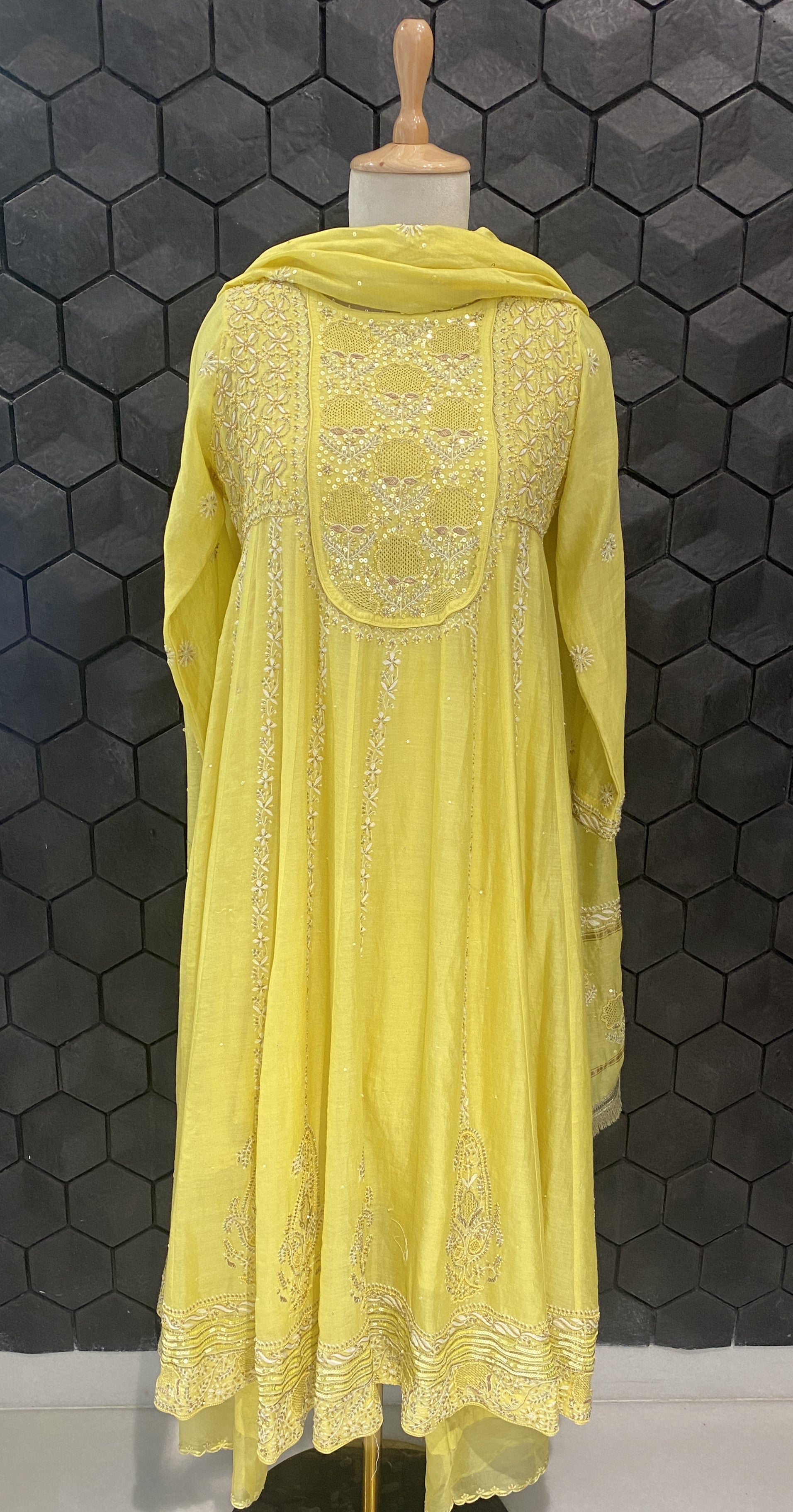 Yellow Chanderi Chikankari Anarkali Set