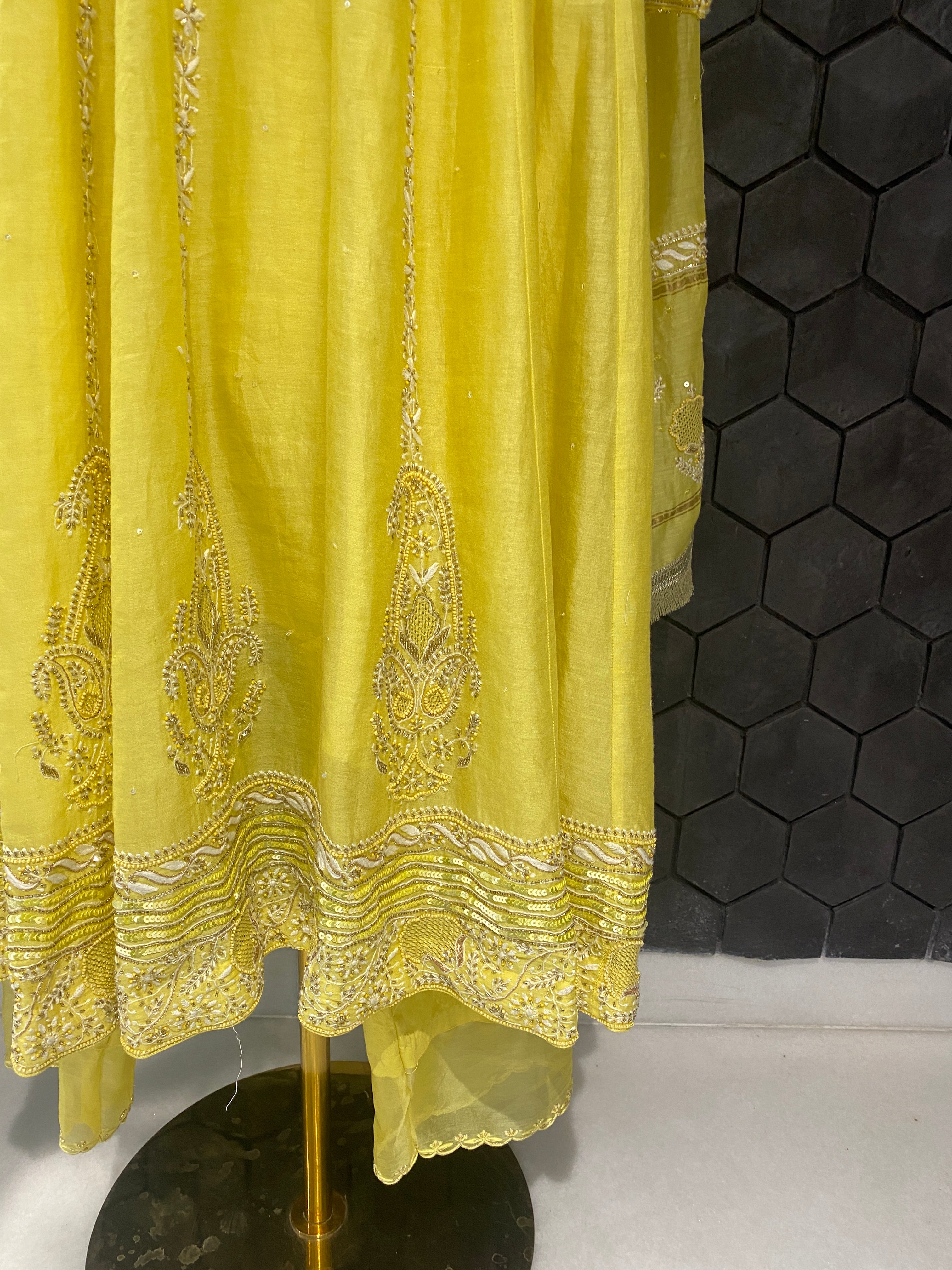 Yellow Chanderi Chikankari Anarkali Set