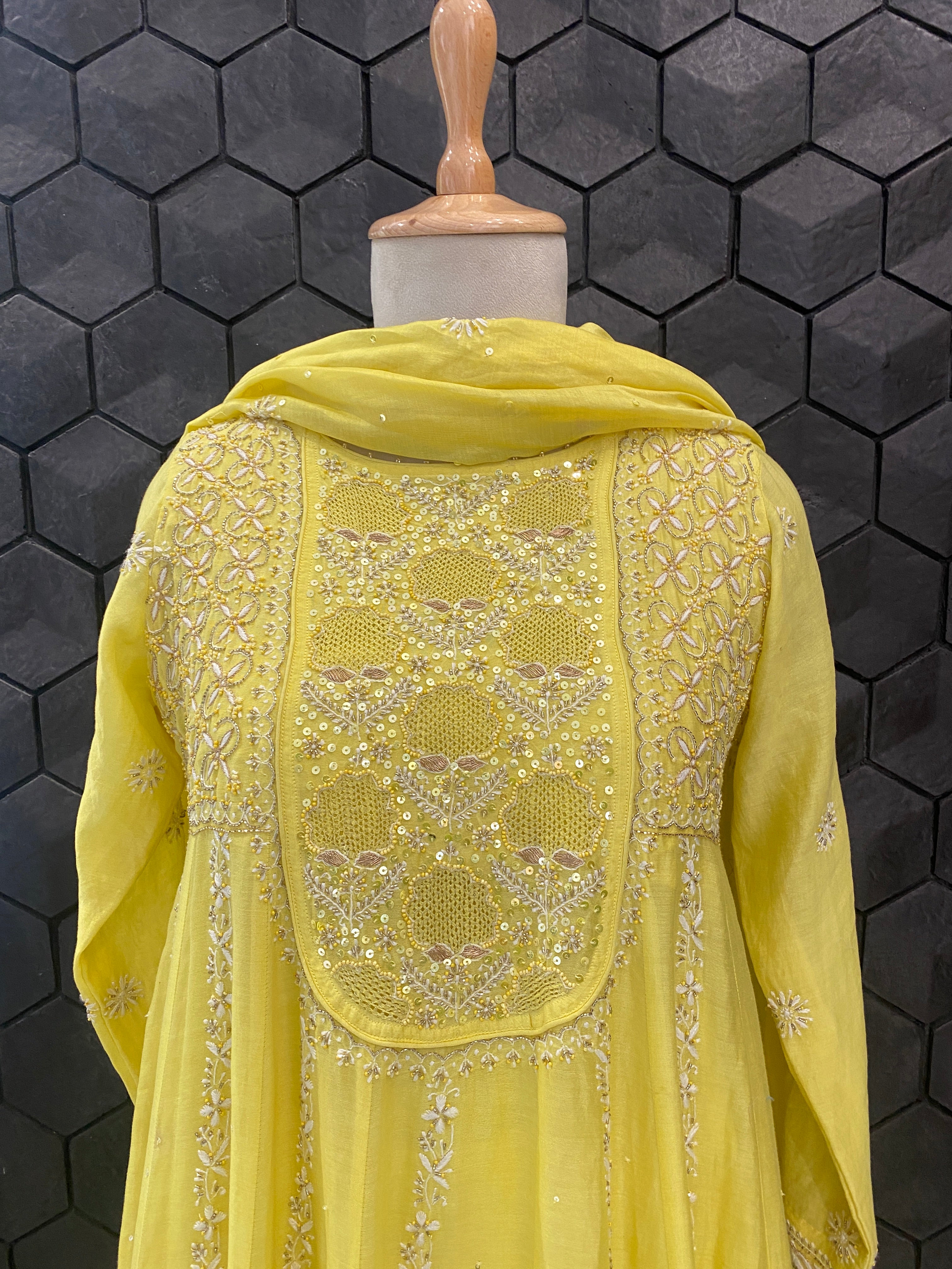 Yellow Chanderi Chikankari Anarkali Set