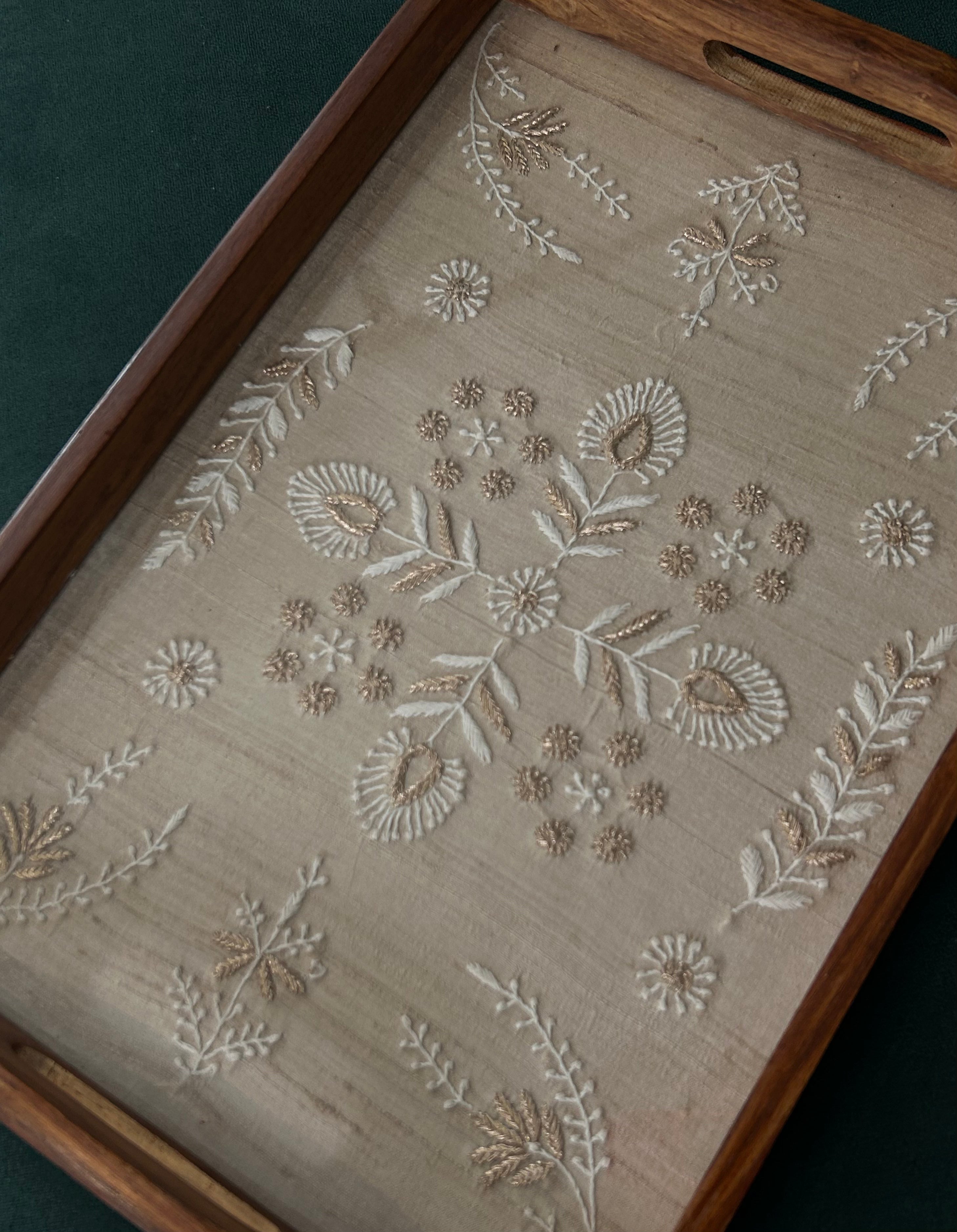 Beige chikankari embroidered tray