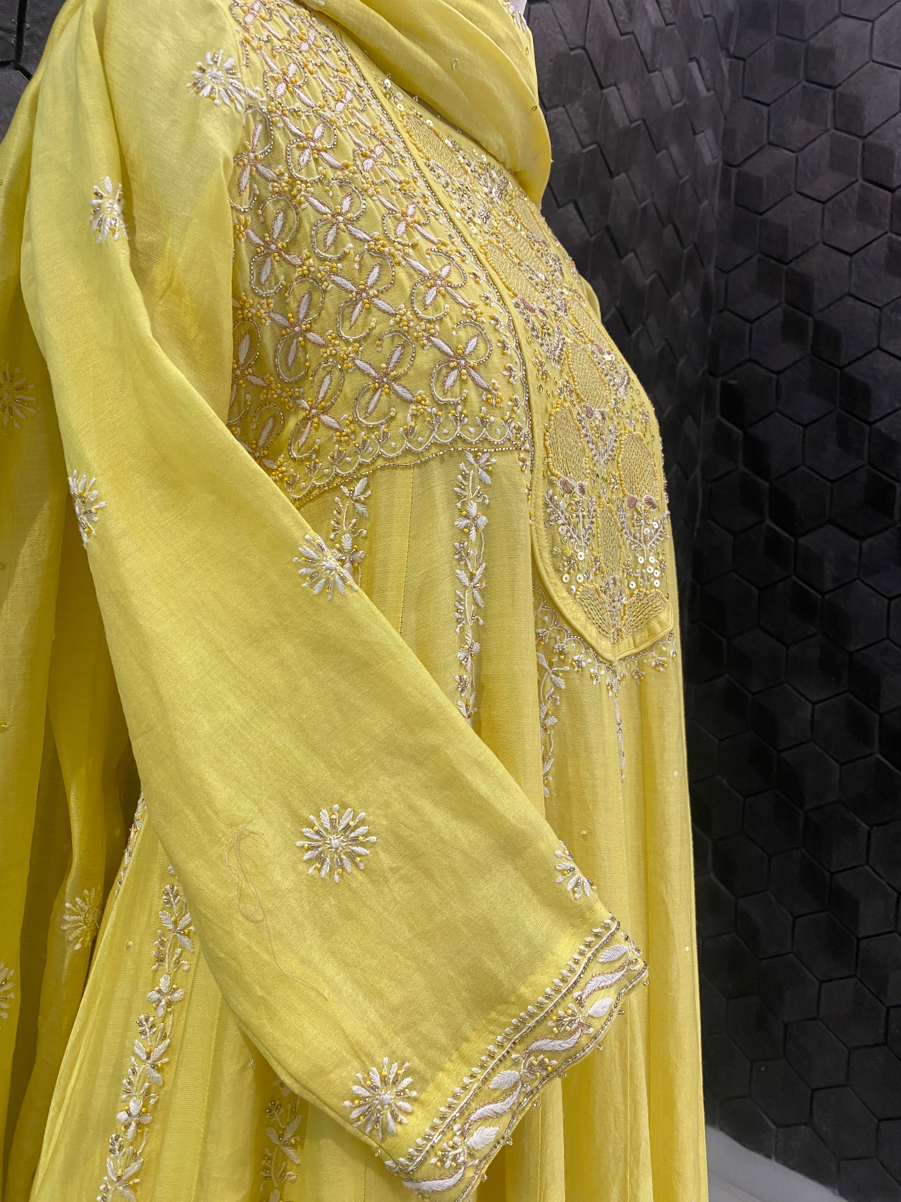 Yellow Chanderi Chikankari Anarkali Set