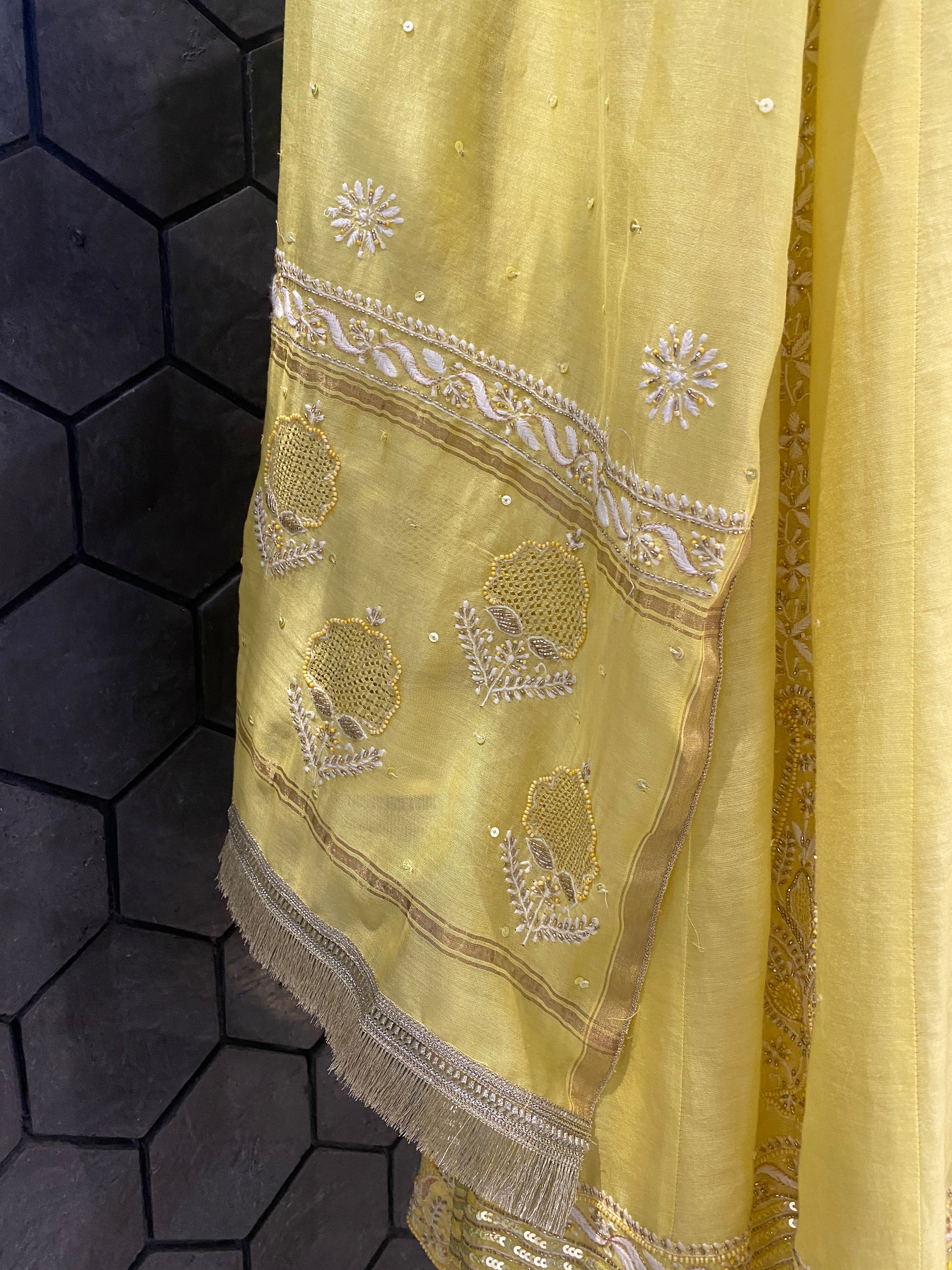 Yellow Chanderi Chikankari Anarkali Set