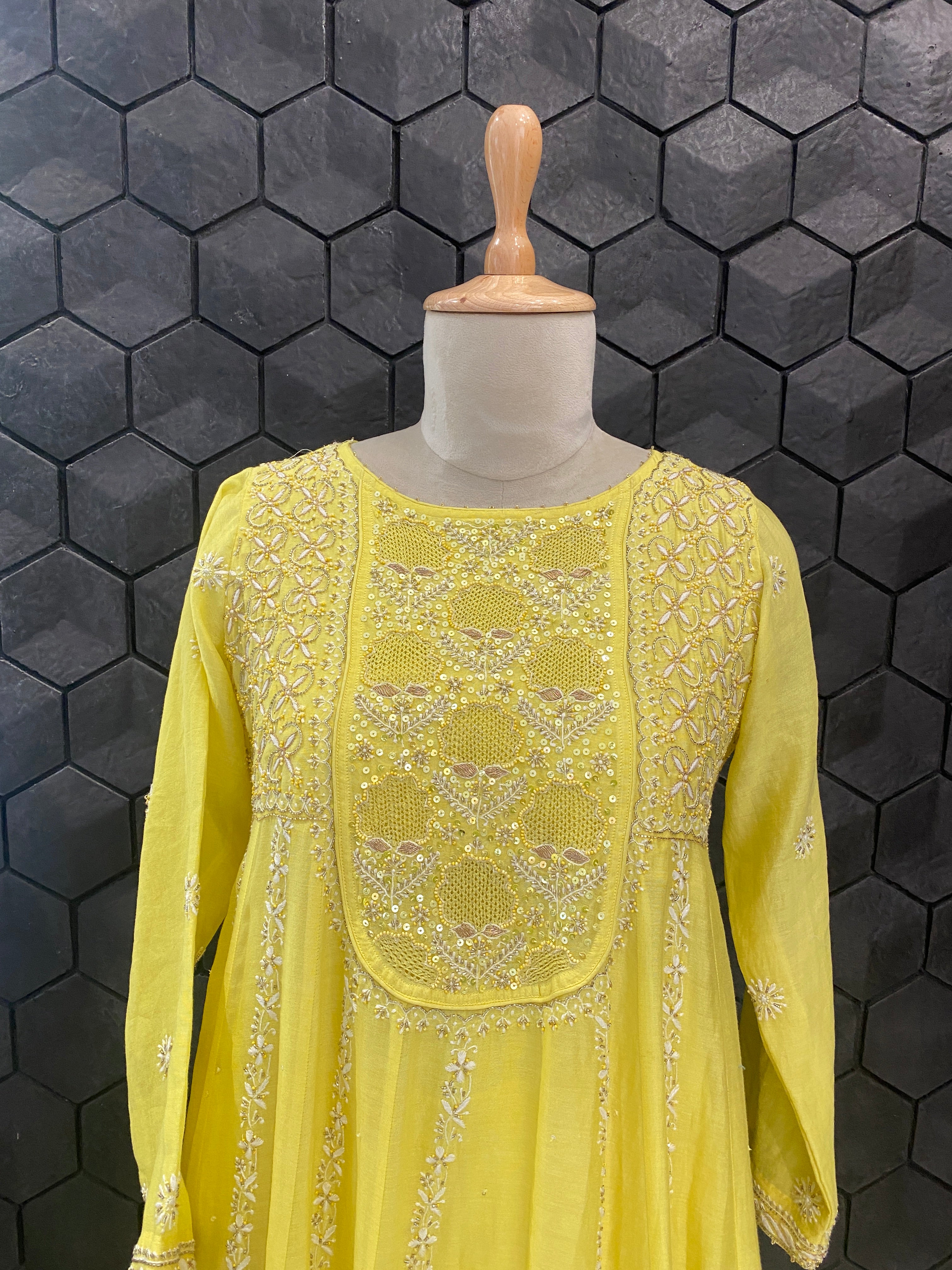 Yellow Chanderi Chikankari Anarkali Set