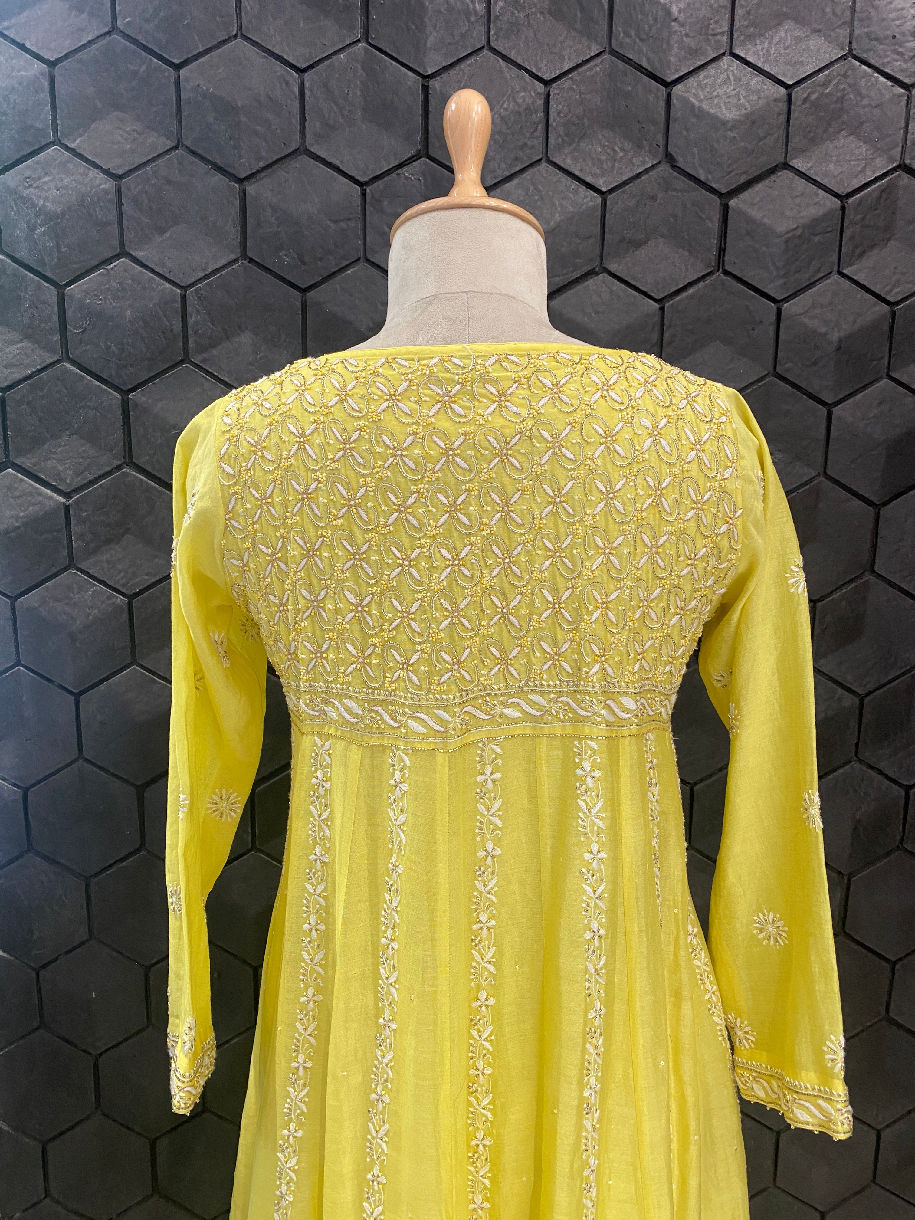 Yellow Chanderi Chikankari Anarkali Set