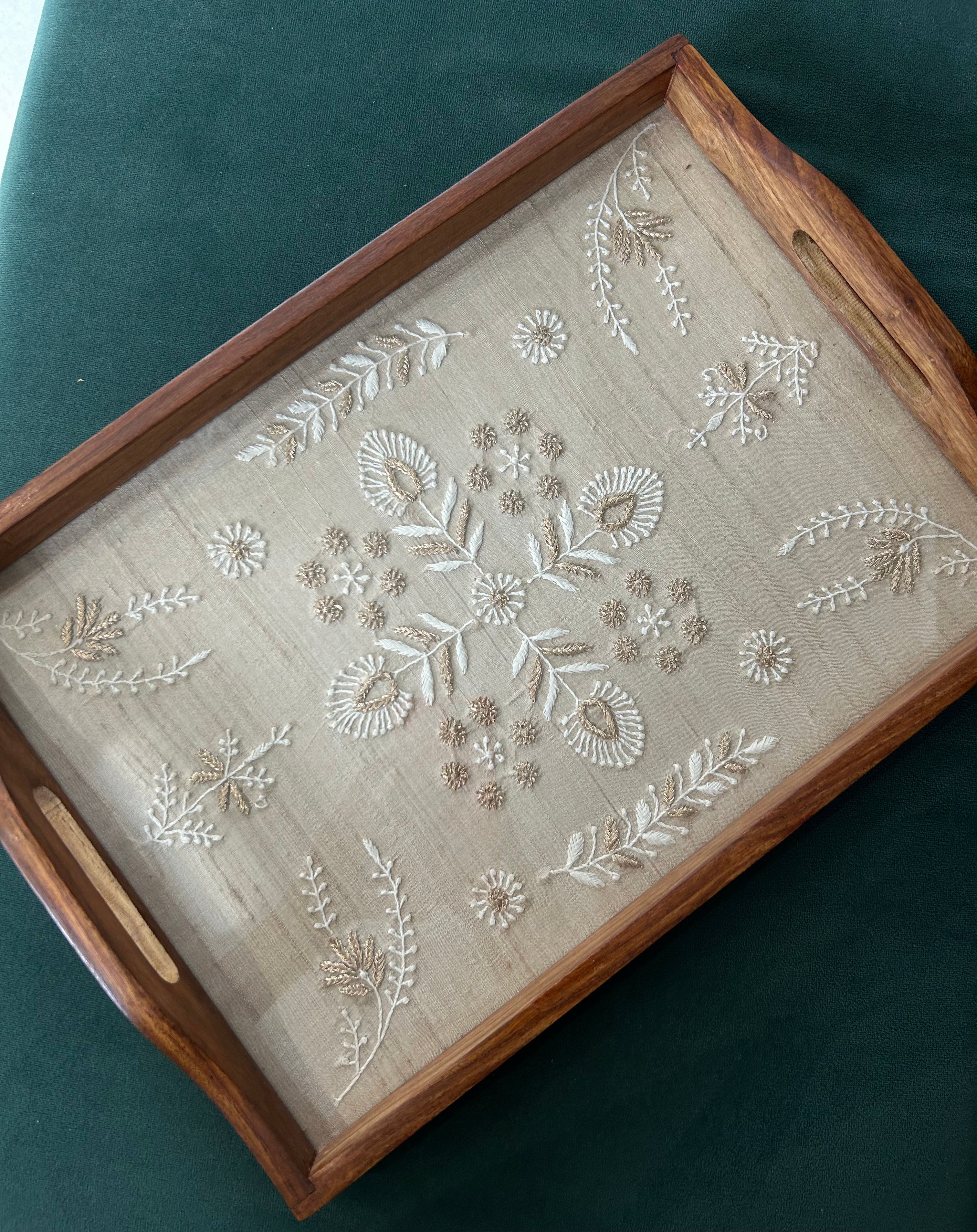 Beige chikankari embroidered tray