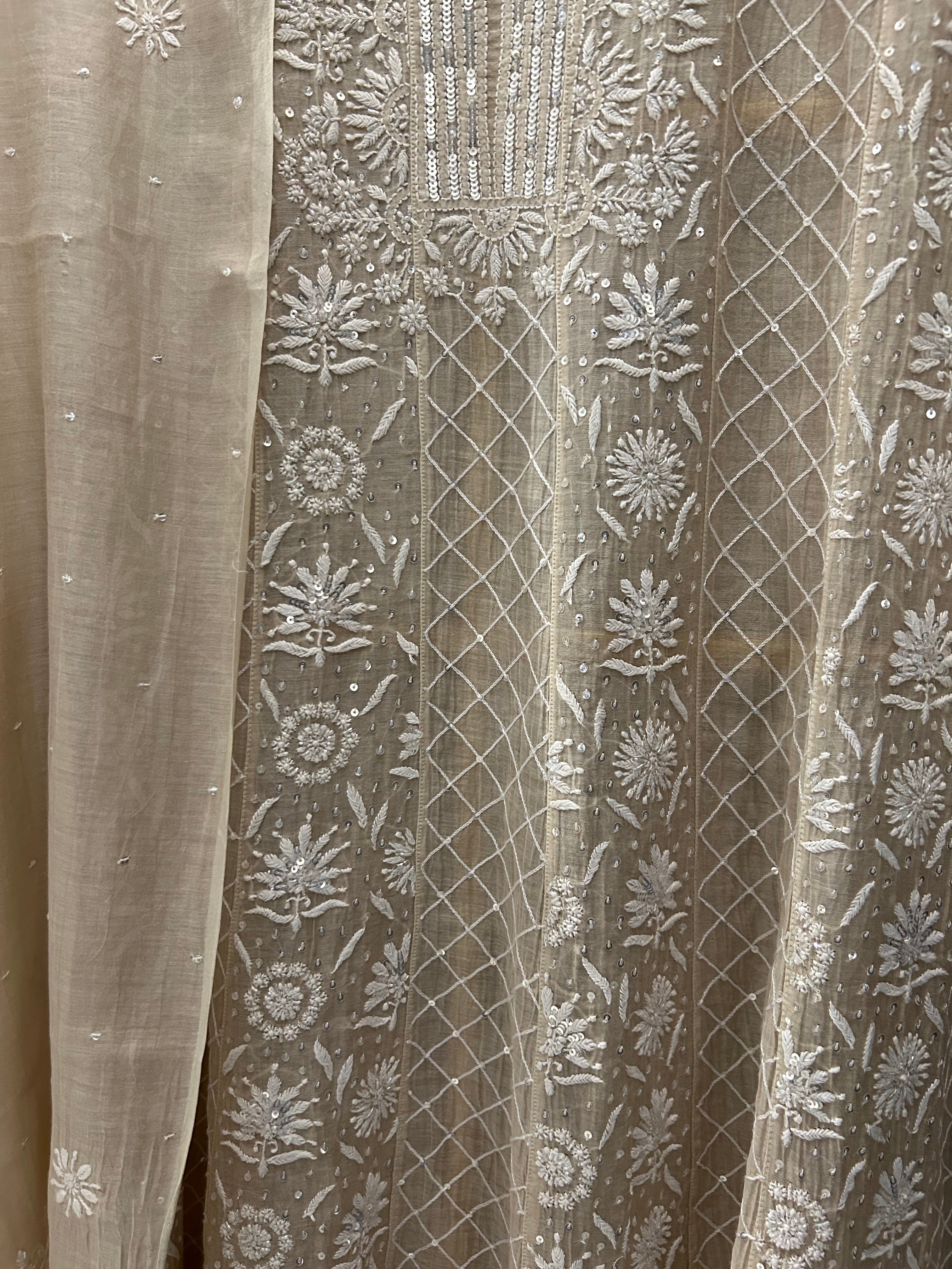 Beige Mul Chanderi Chikankari  Anarkali Set