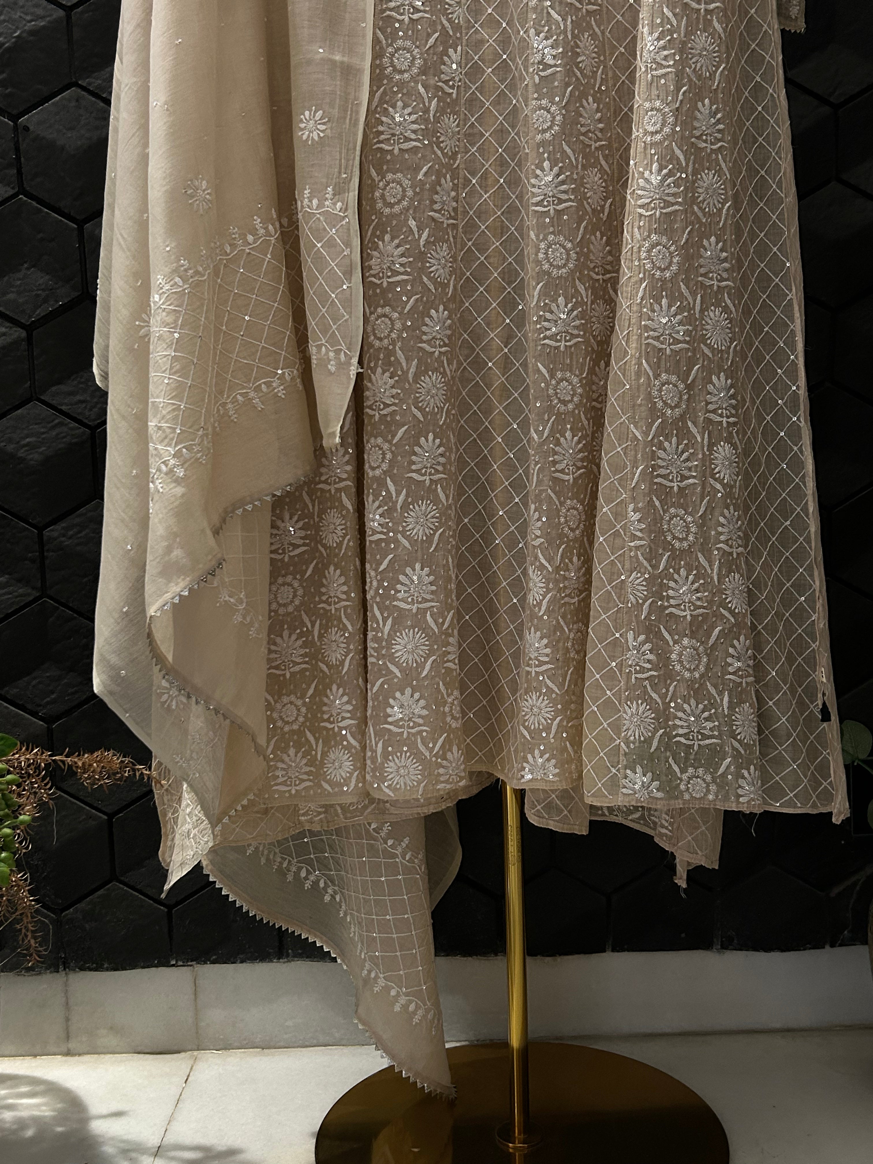 Beige Mul Chanderi Chikankari  Anarkali Set