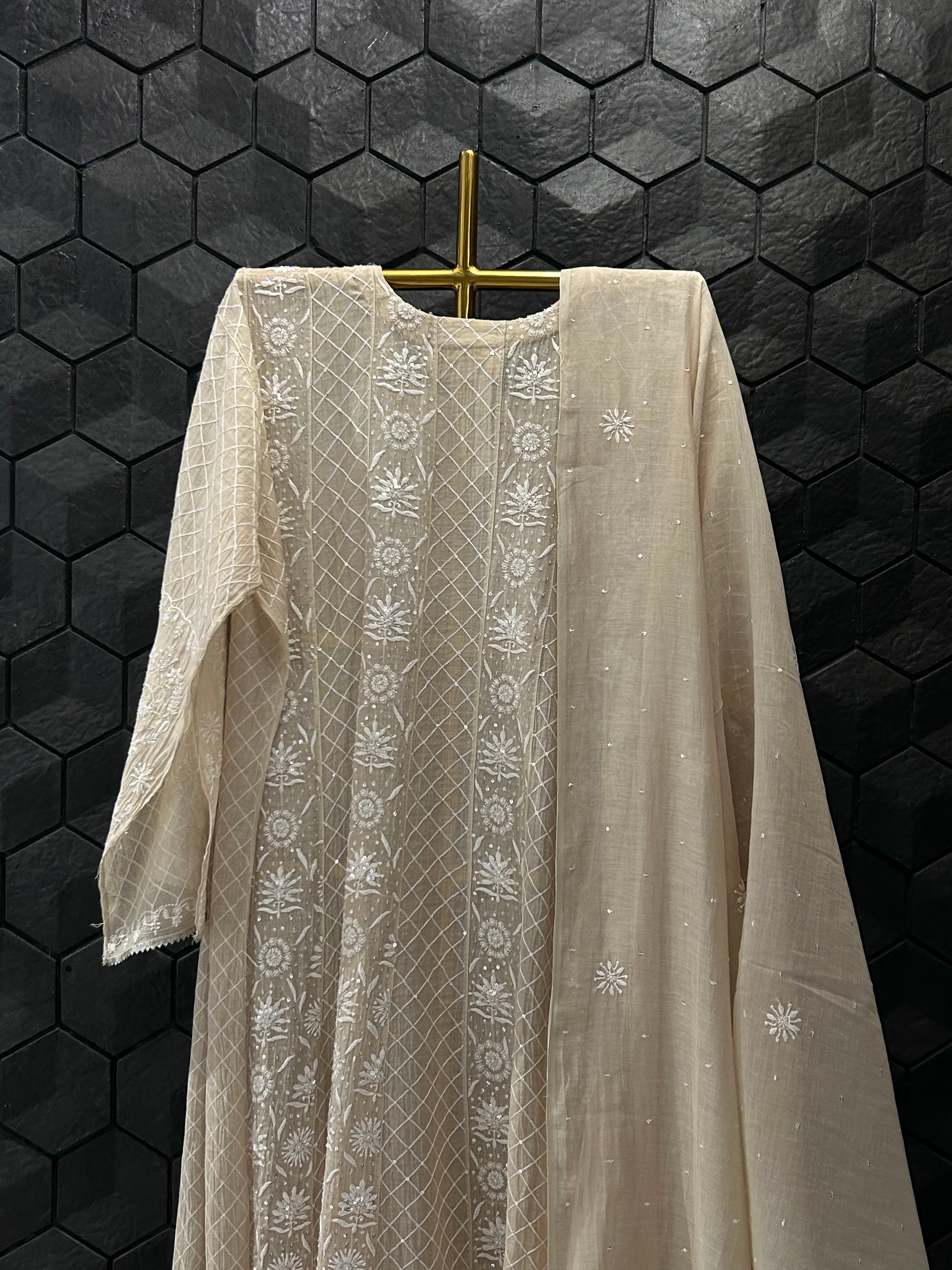 Beige Mul Chanderi Chikankari  Anarkali Set