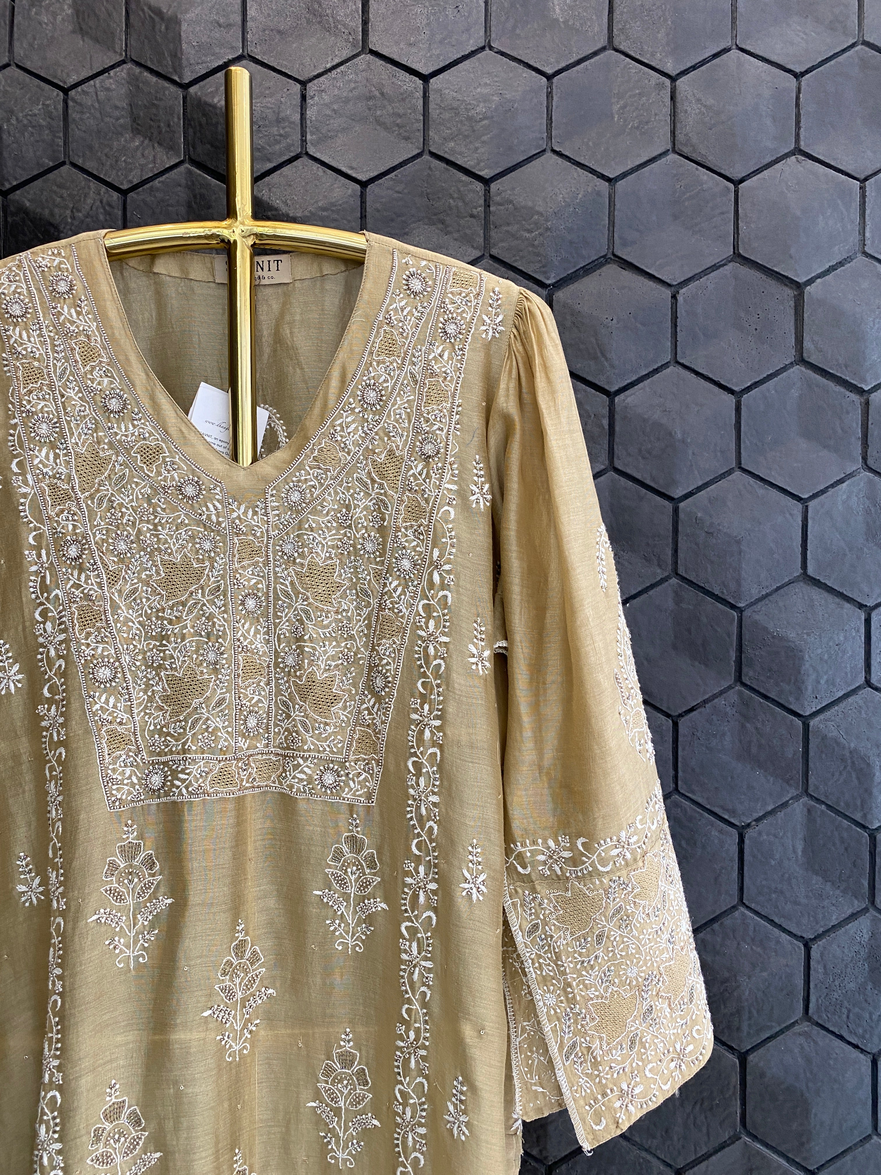 Dark Tussar Chanderi Chikankari Kurta Set