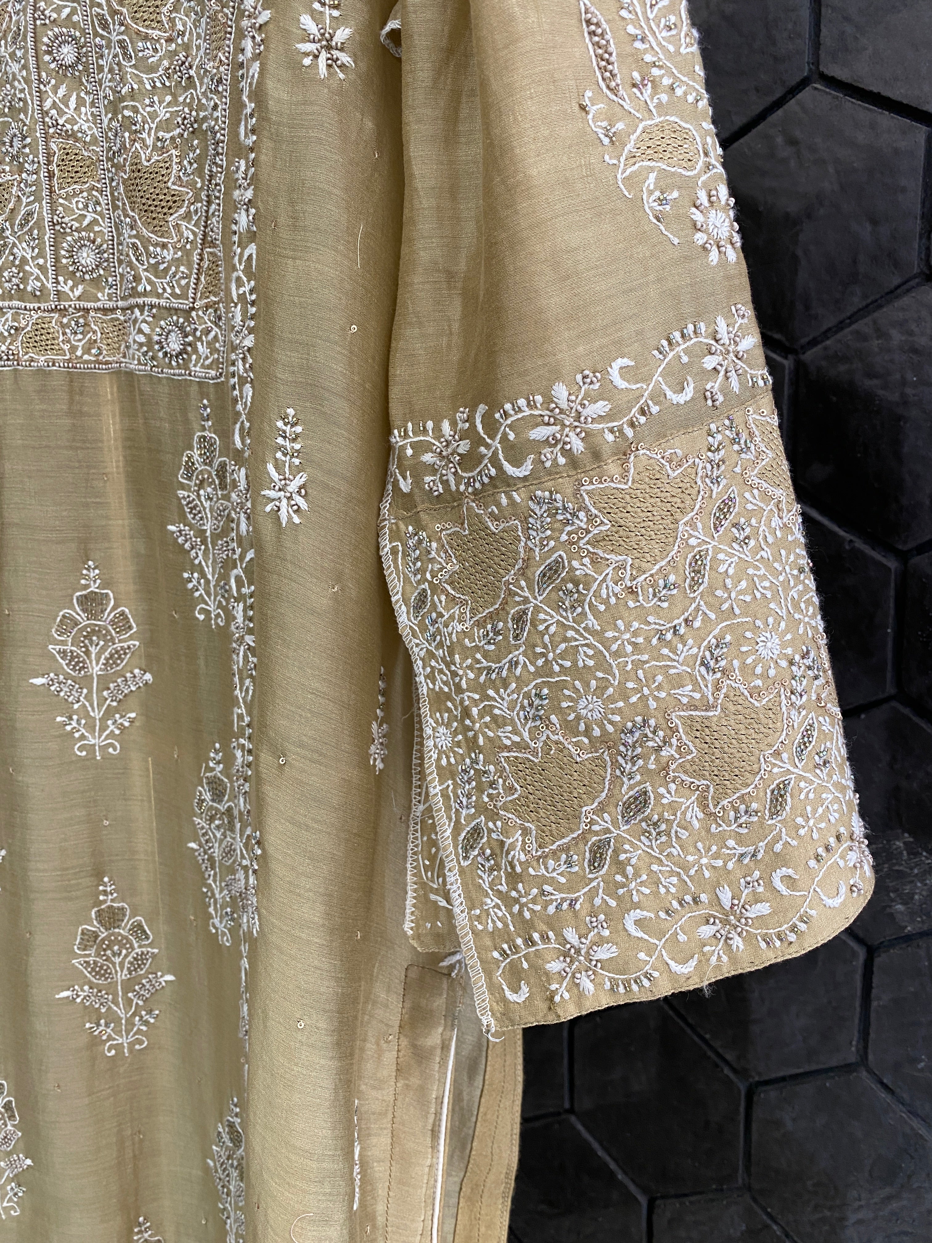 Dark Tussar Chanderi Chikankari Kurta Set