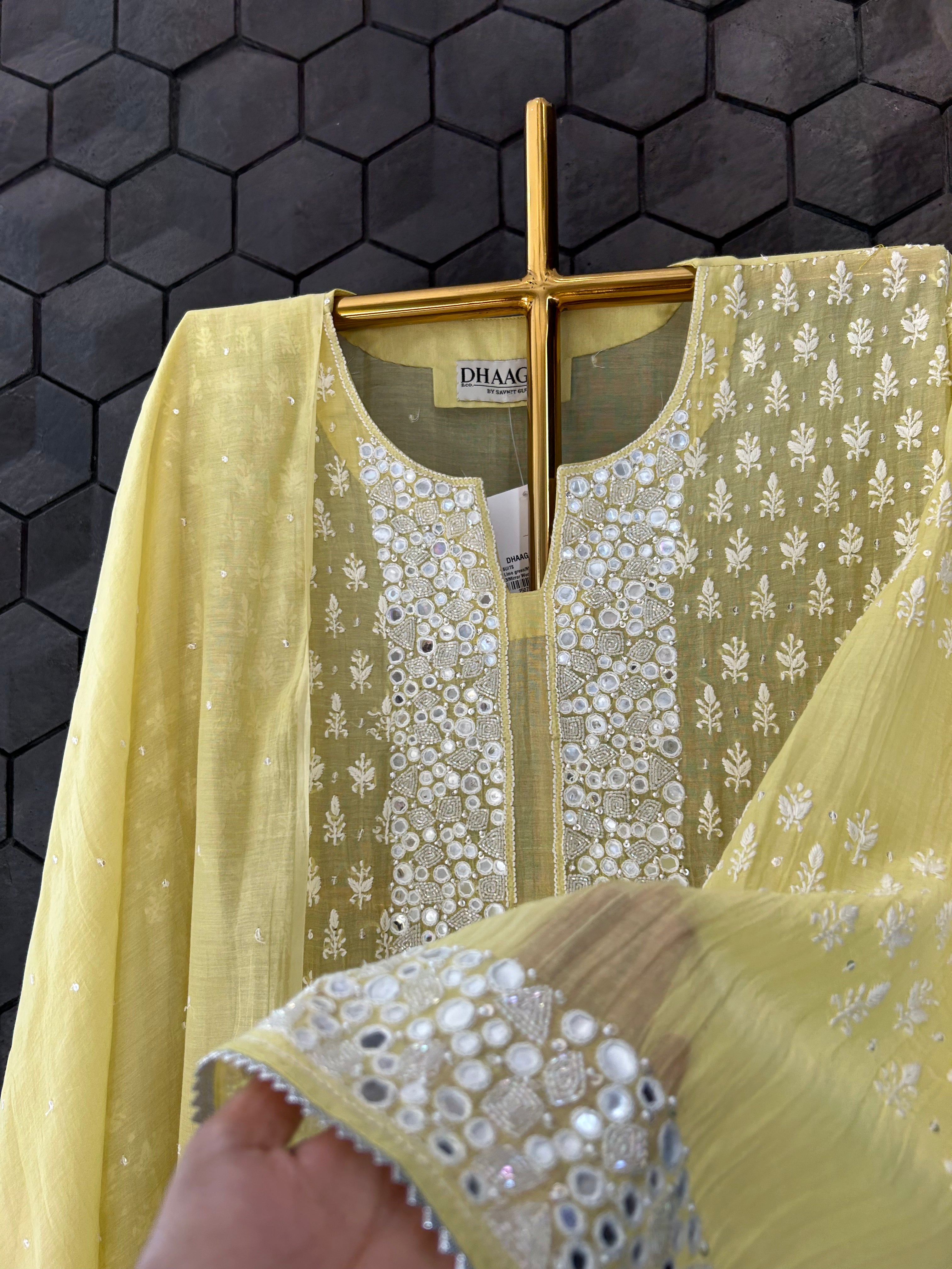 Lime Green mul chanderi chikankari kurta set