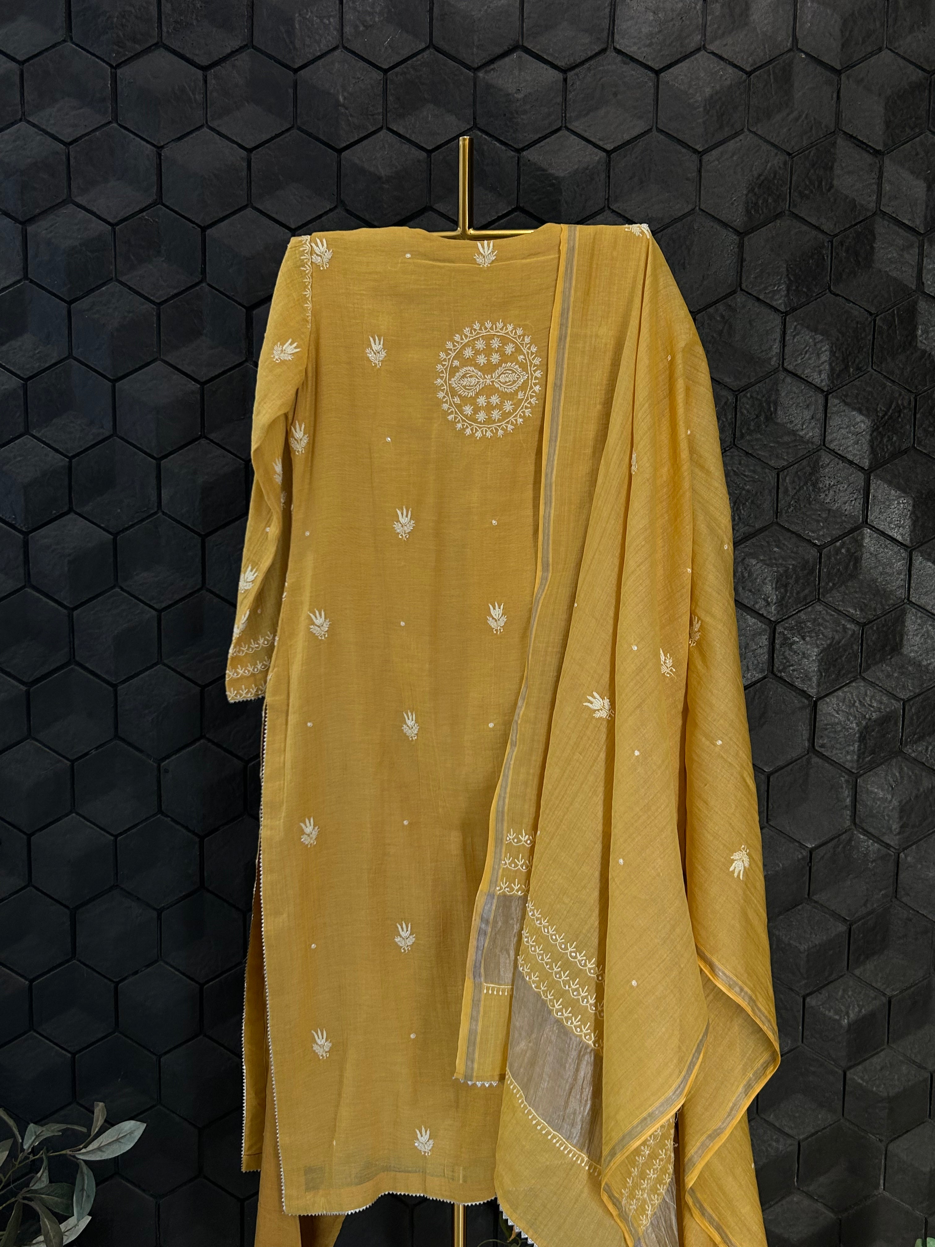 Mustard Silver Tissue Chikankari Suit Set