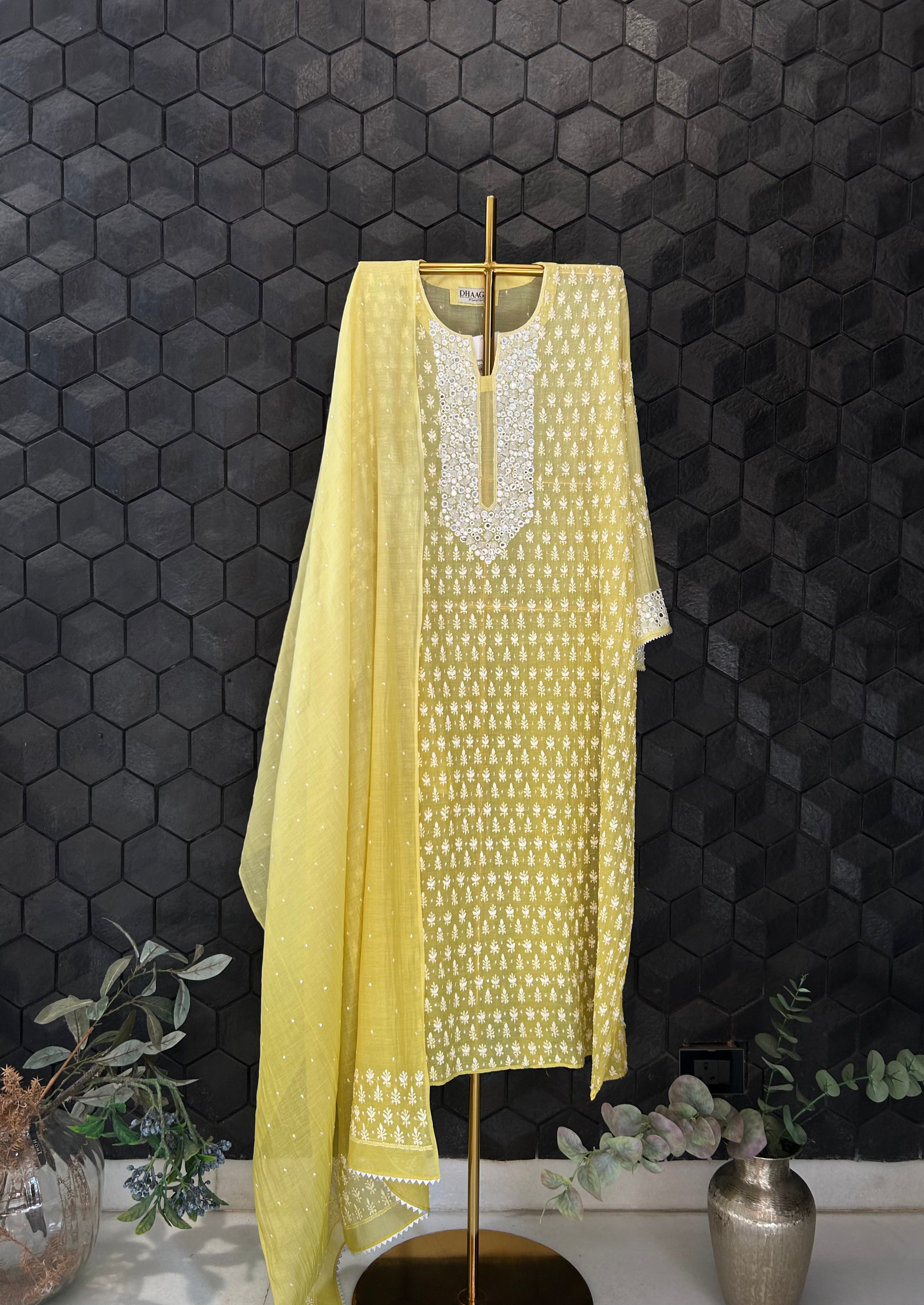 Lime Green mul chanderi chikankari kurta set