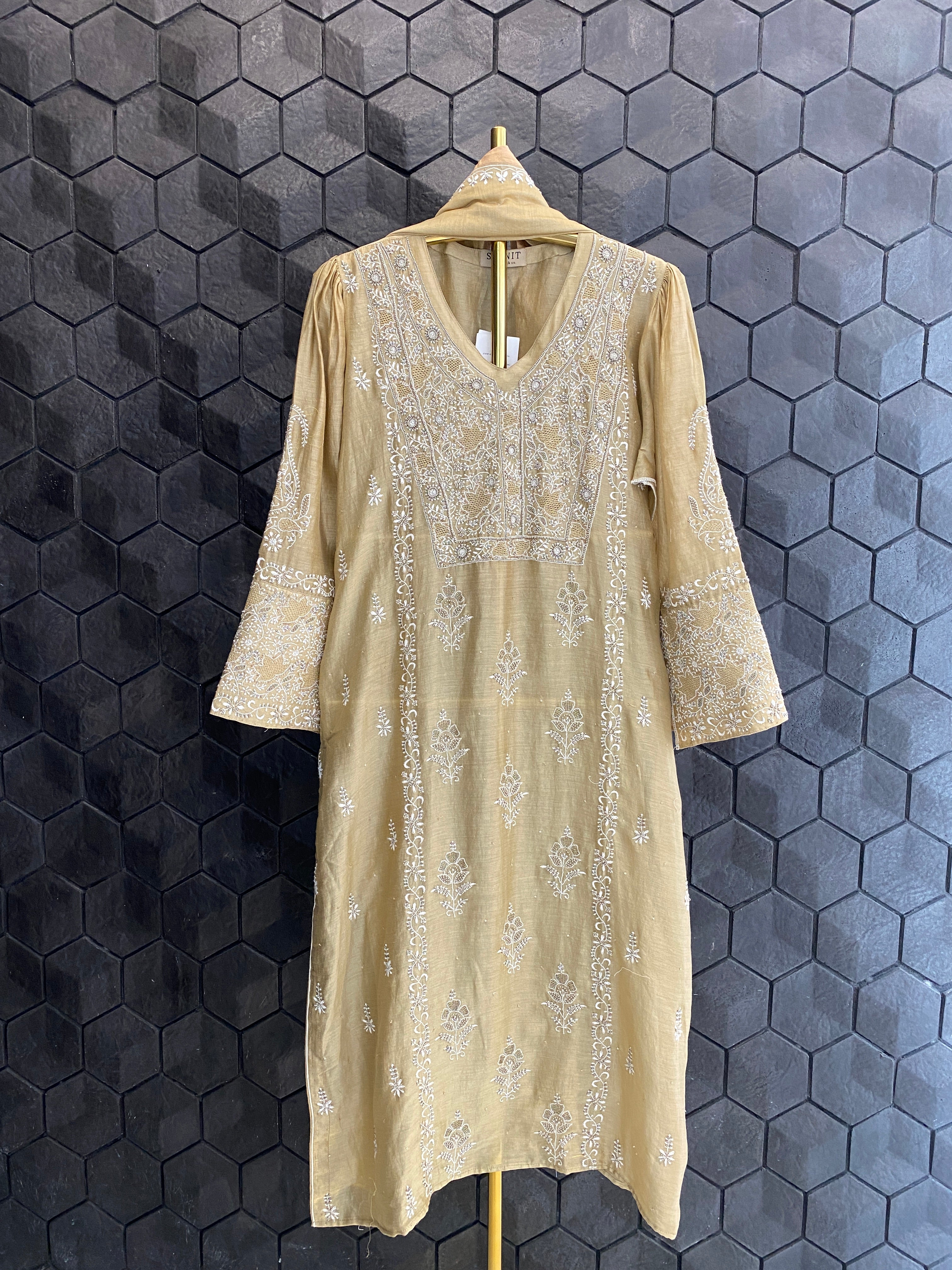 Dark Tussar Chanderi Chikankari Kurta Set