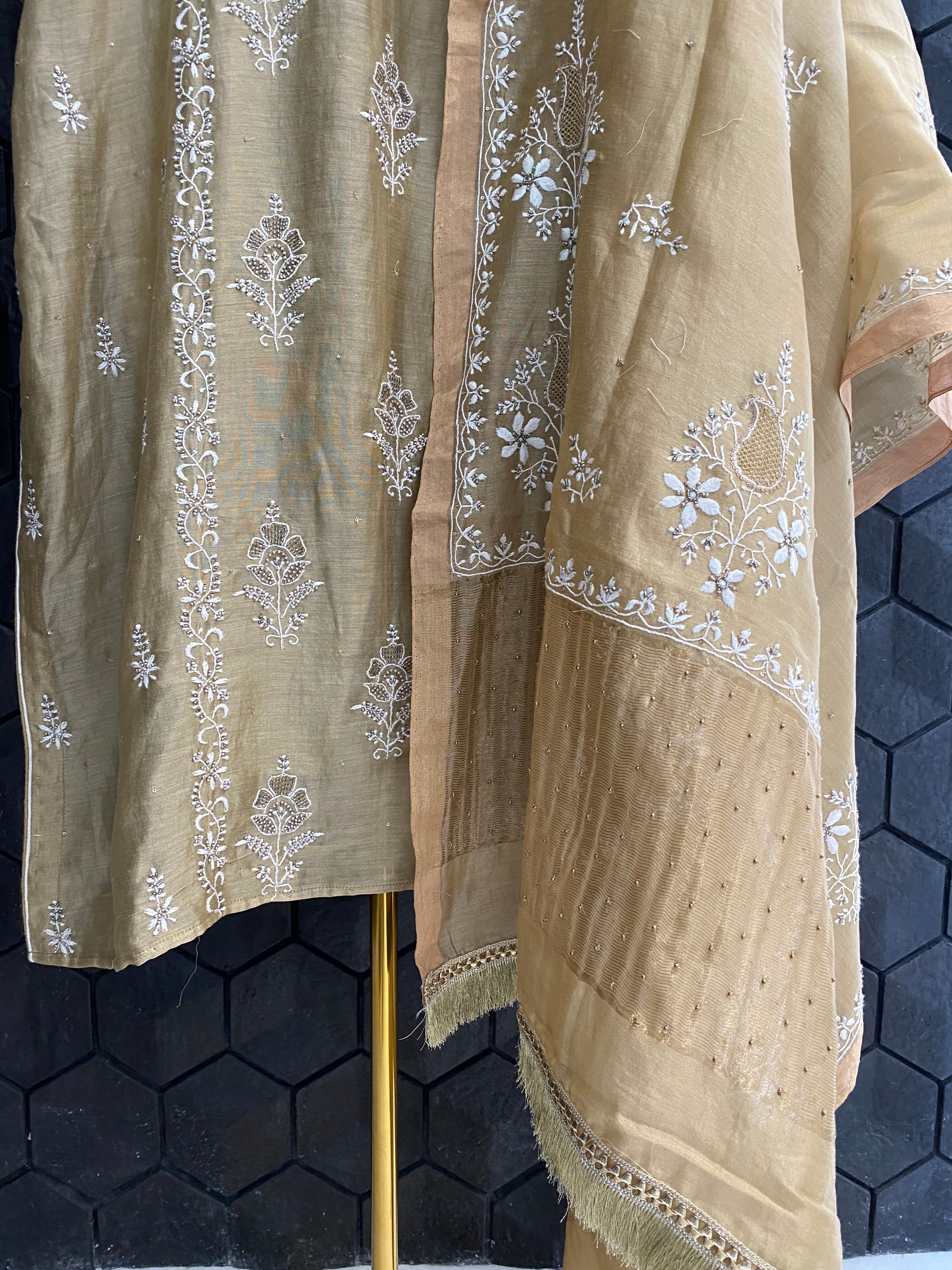 Dark Tussar Chanderi Chikankari Kurta Set