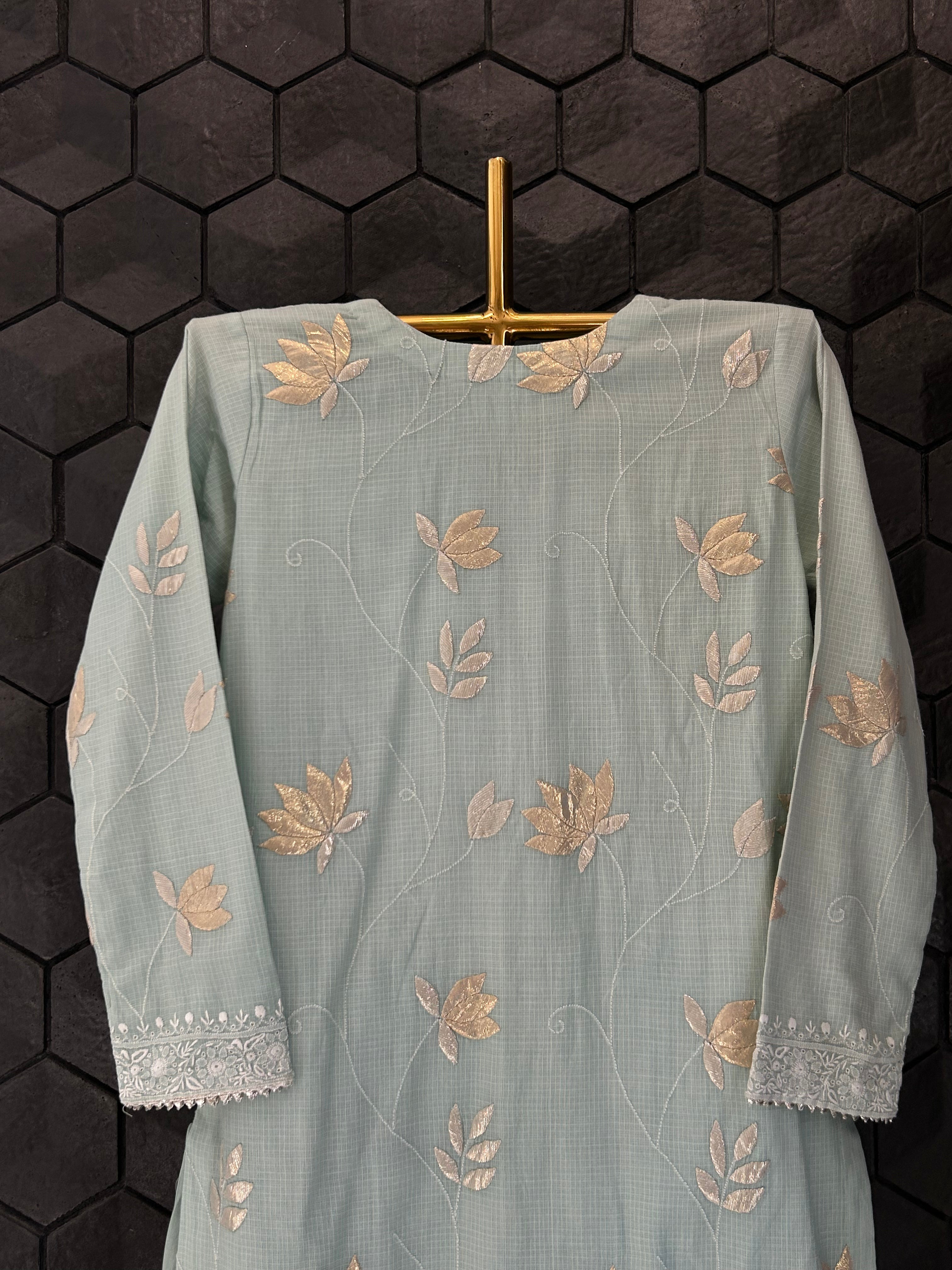 Pista green kota chikankari kurta set