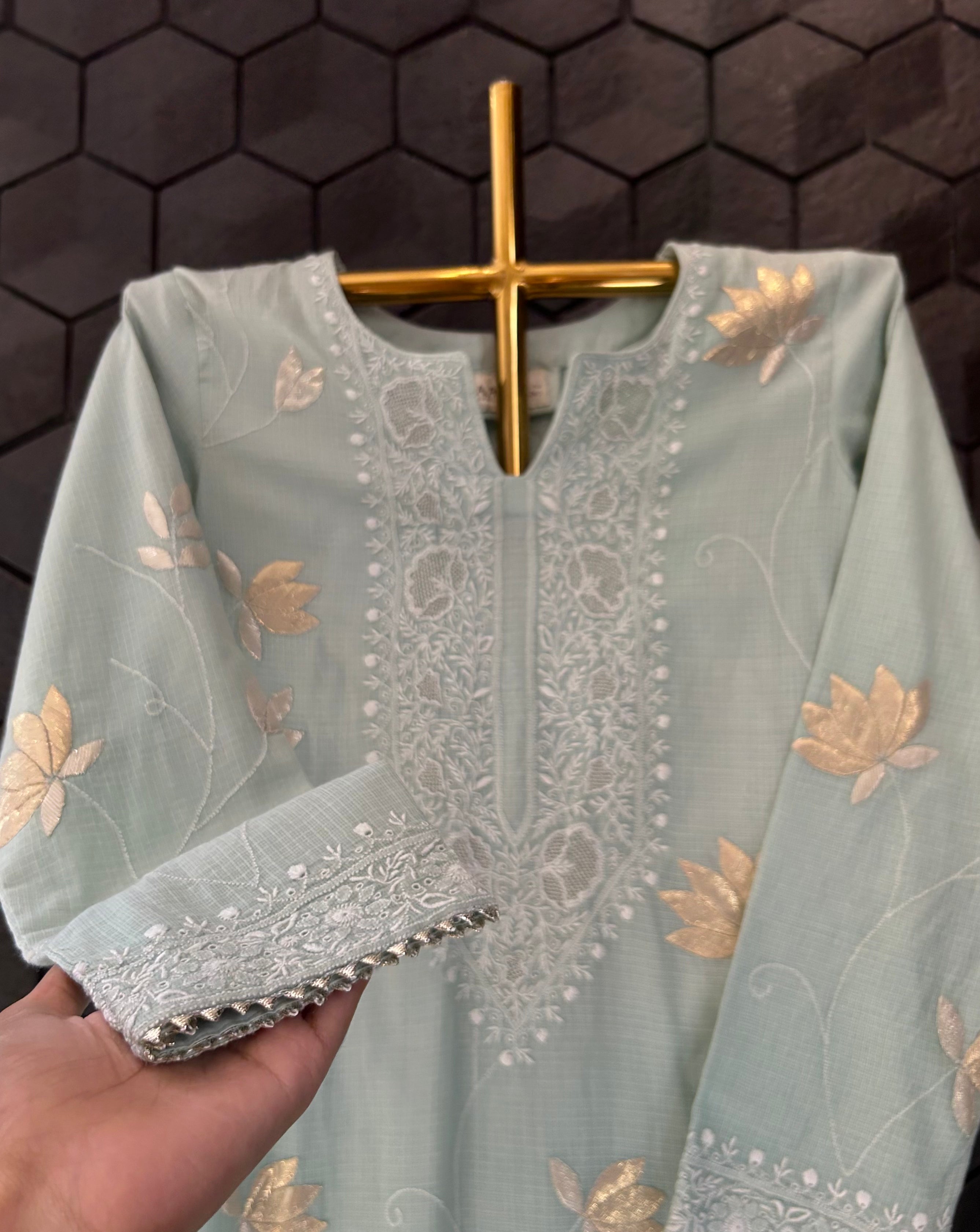 Pista green kota chikankari kurta set