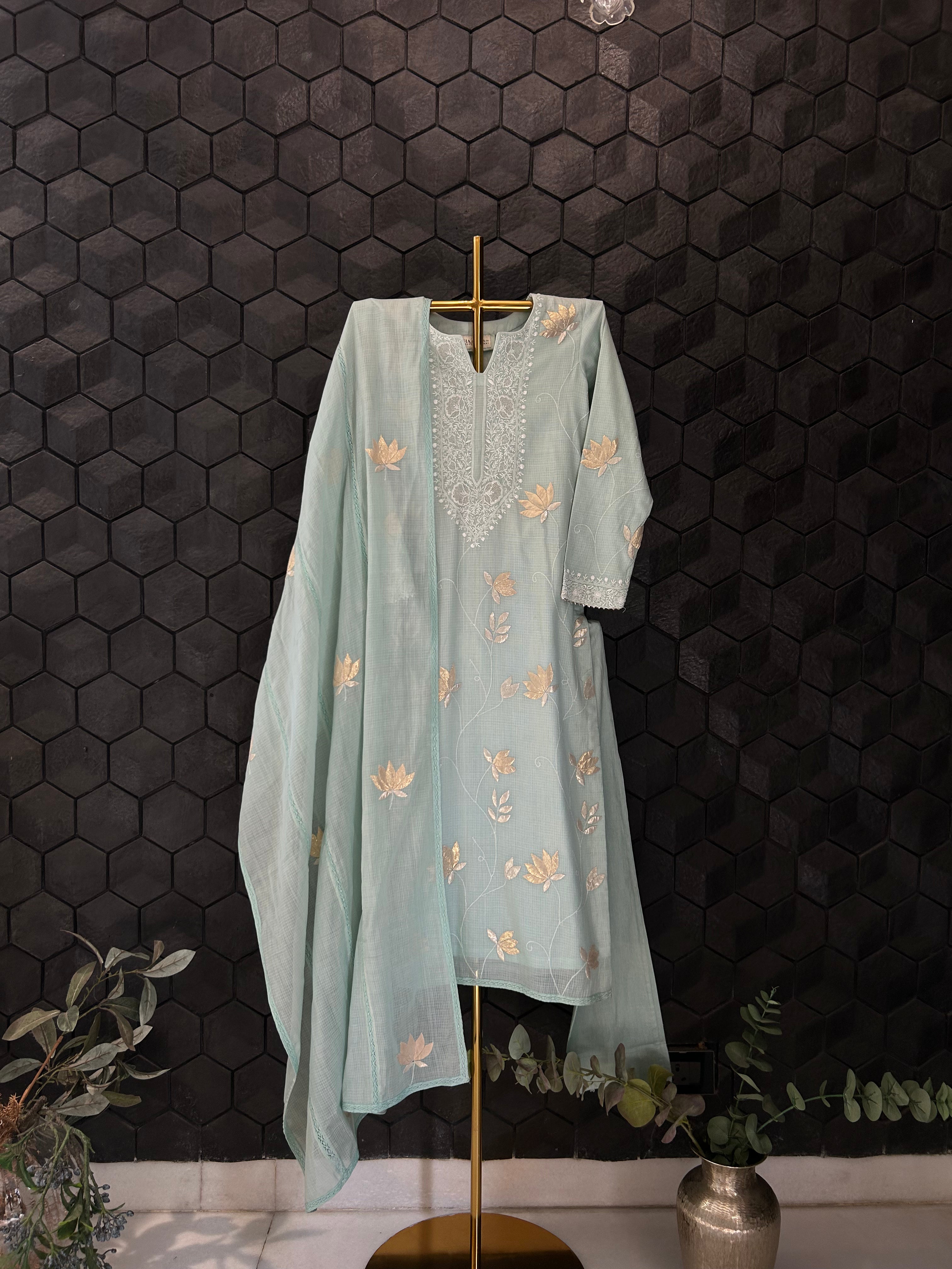 Pista green kota chikankari kurta set