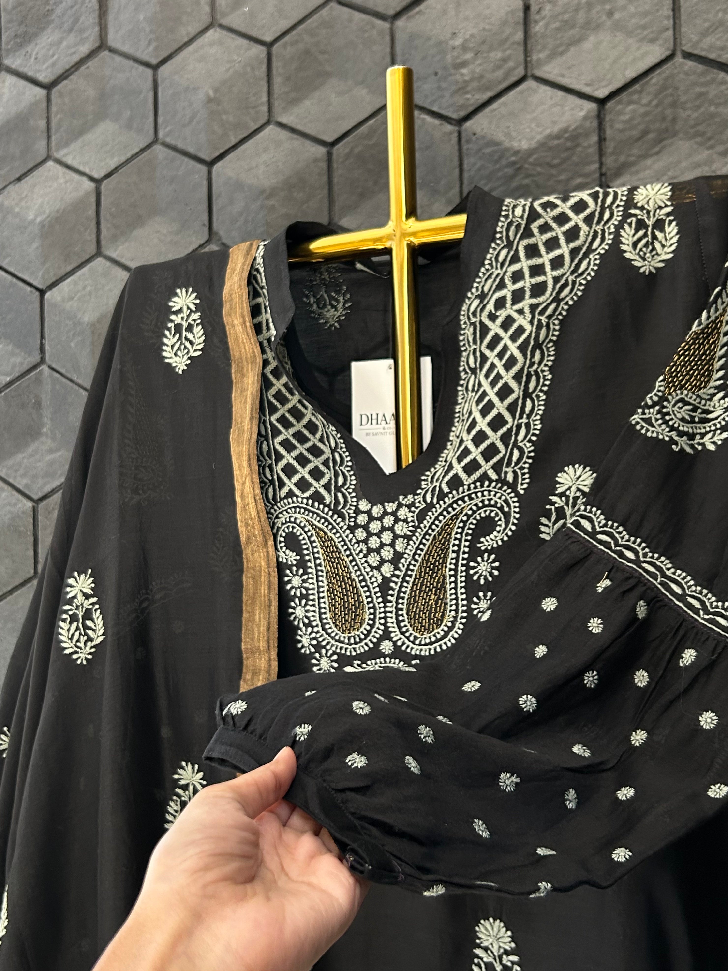 Black Chanderi chikankari kurta set
