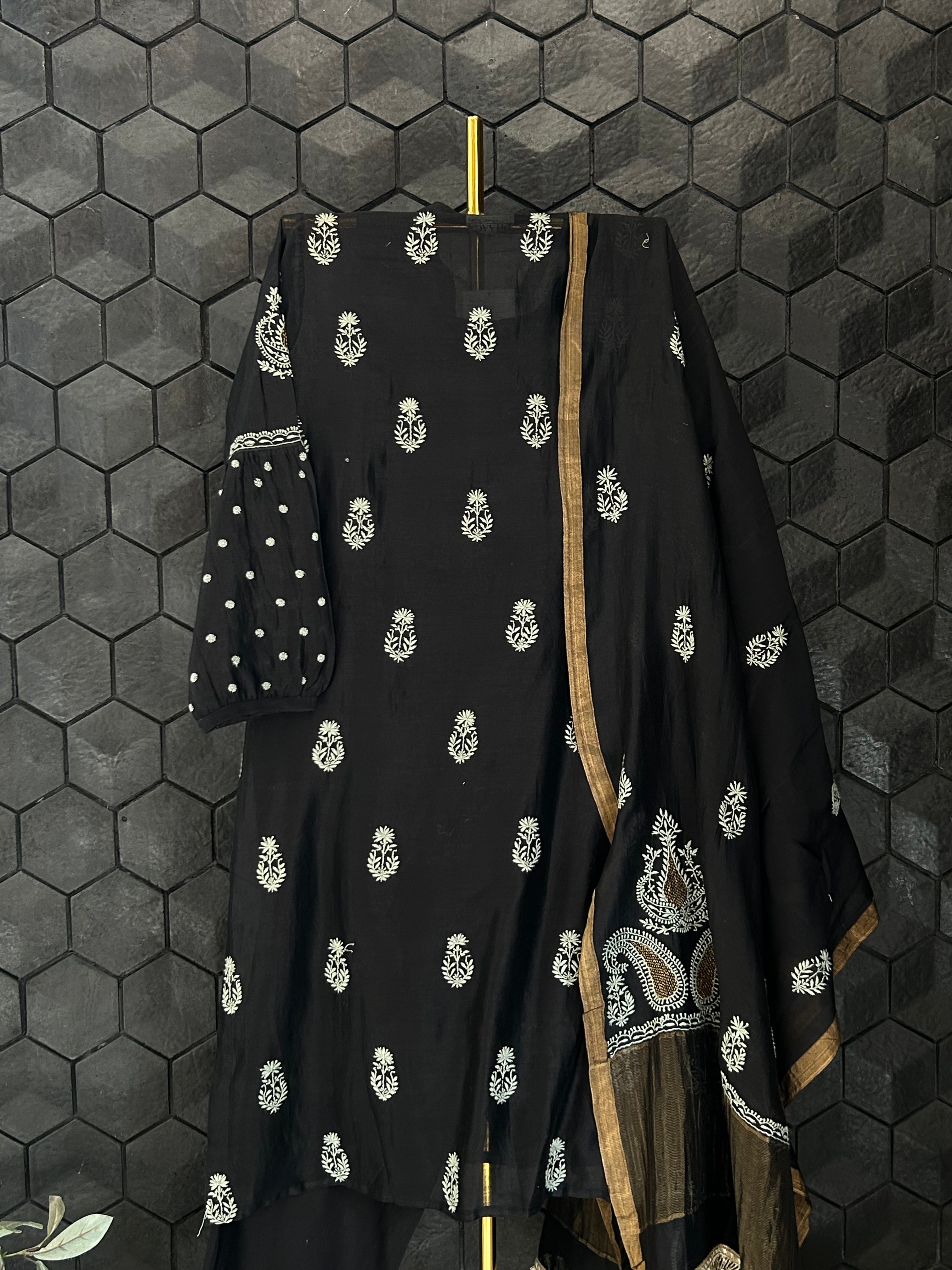 Black Chanderi chikankari kurta set