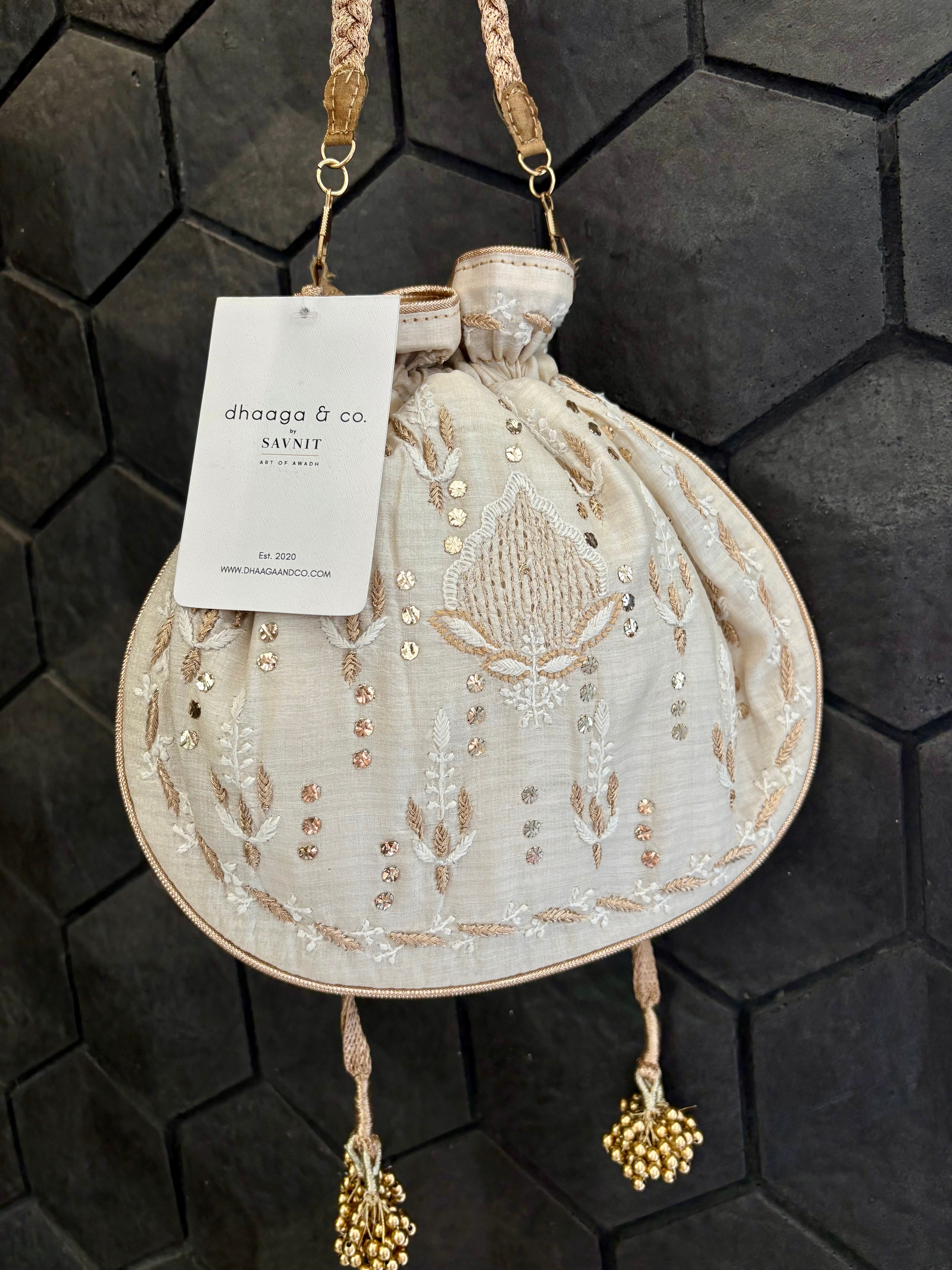 Ivory Chikankari Mukaish Potli