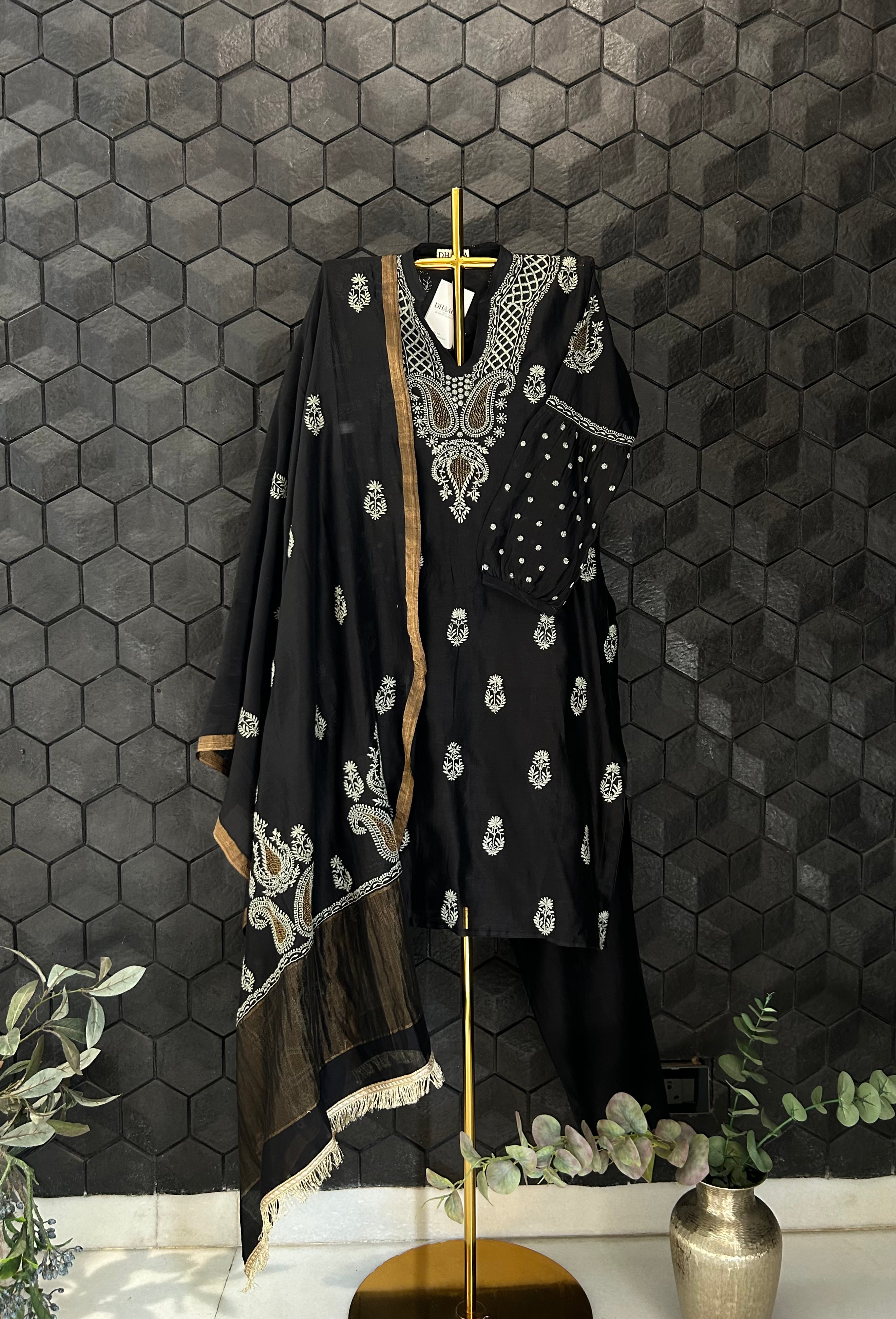Black Chanderi chikankari kurta set