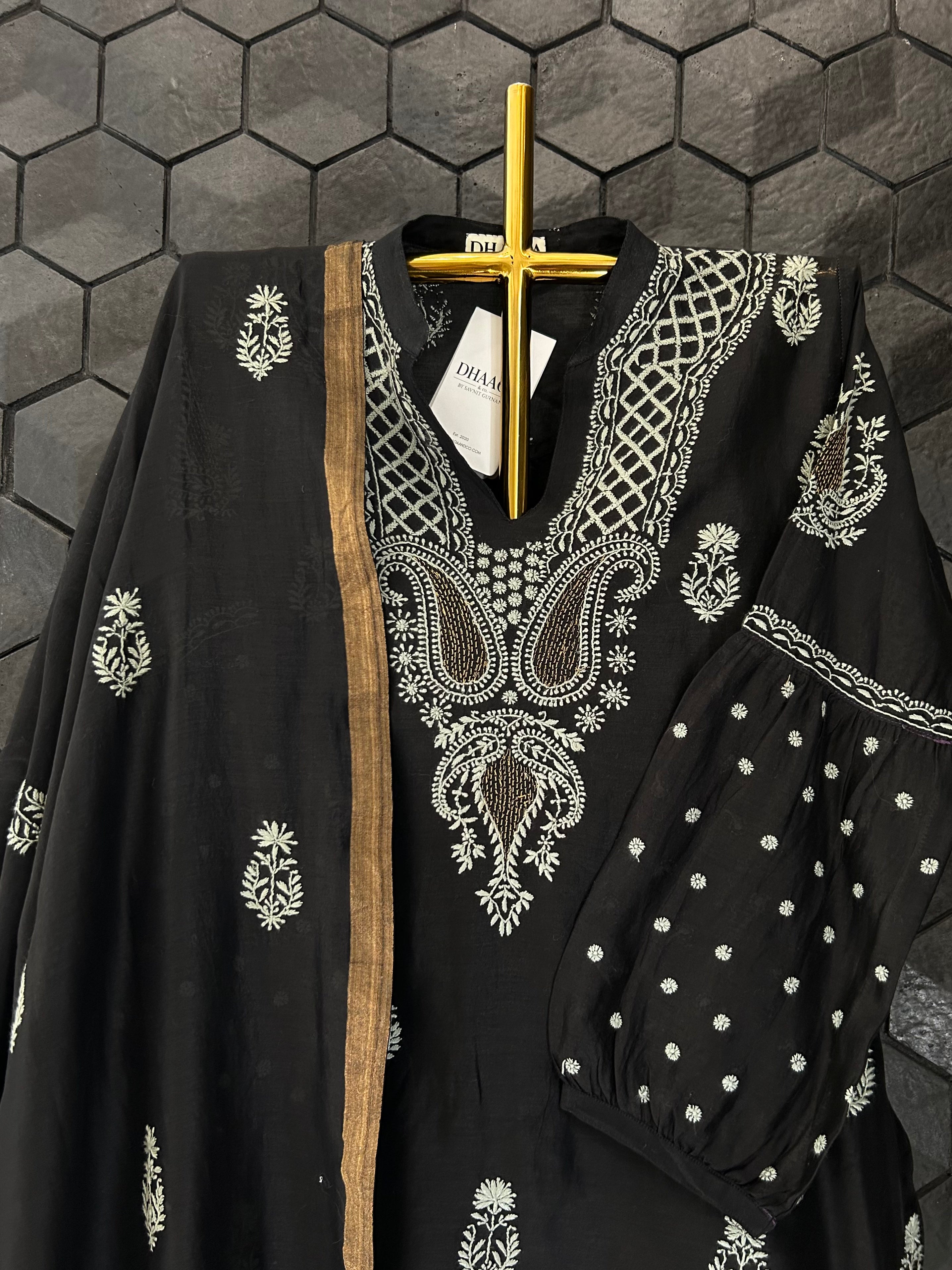 Black Chanderi chikankari kurta set
