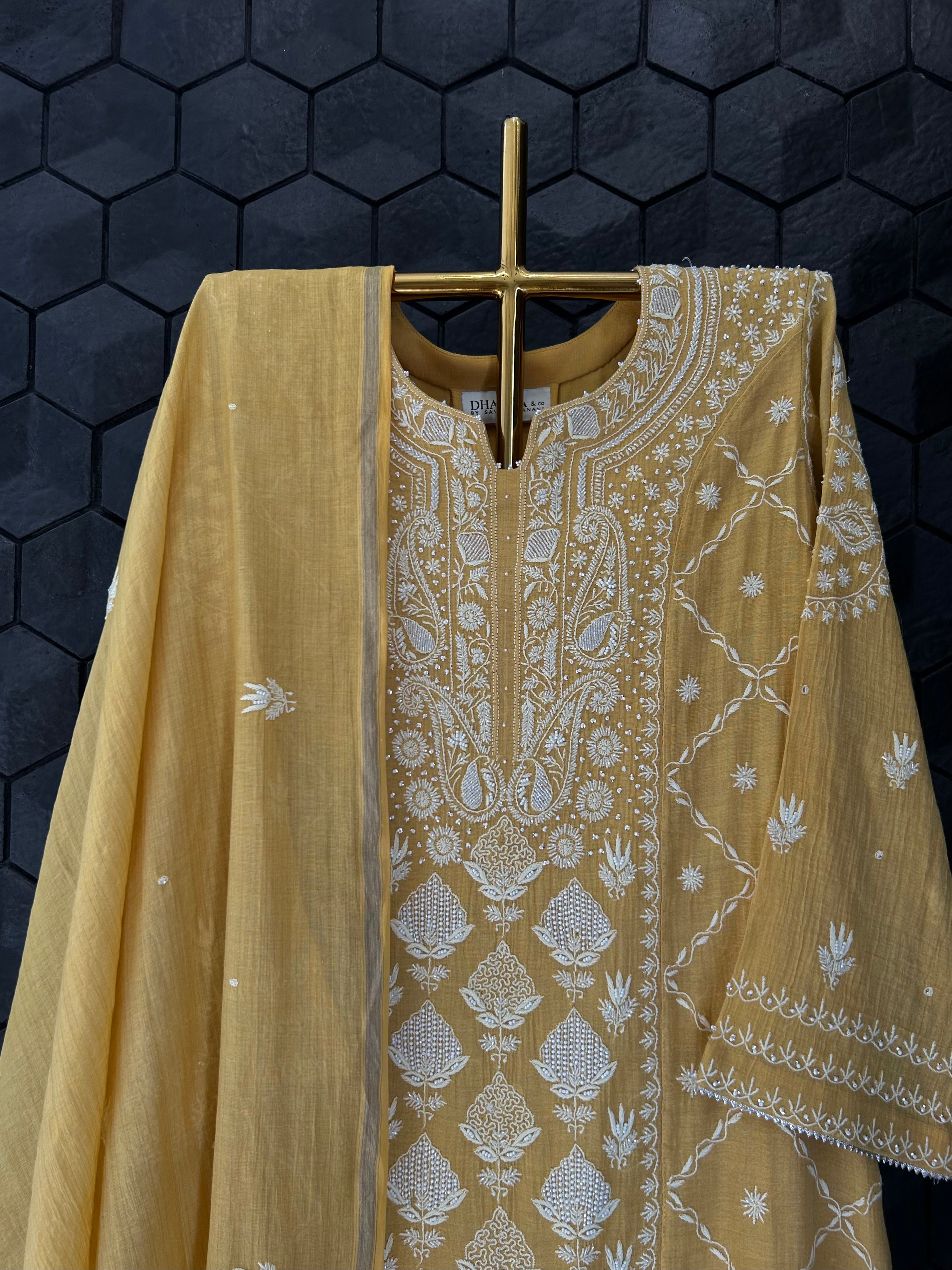 Mustard Silver Tissue Chikankari Suit Set