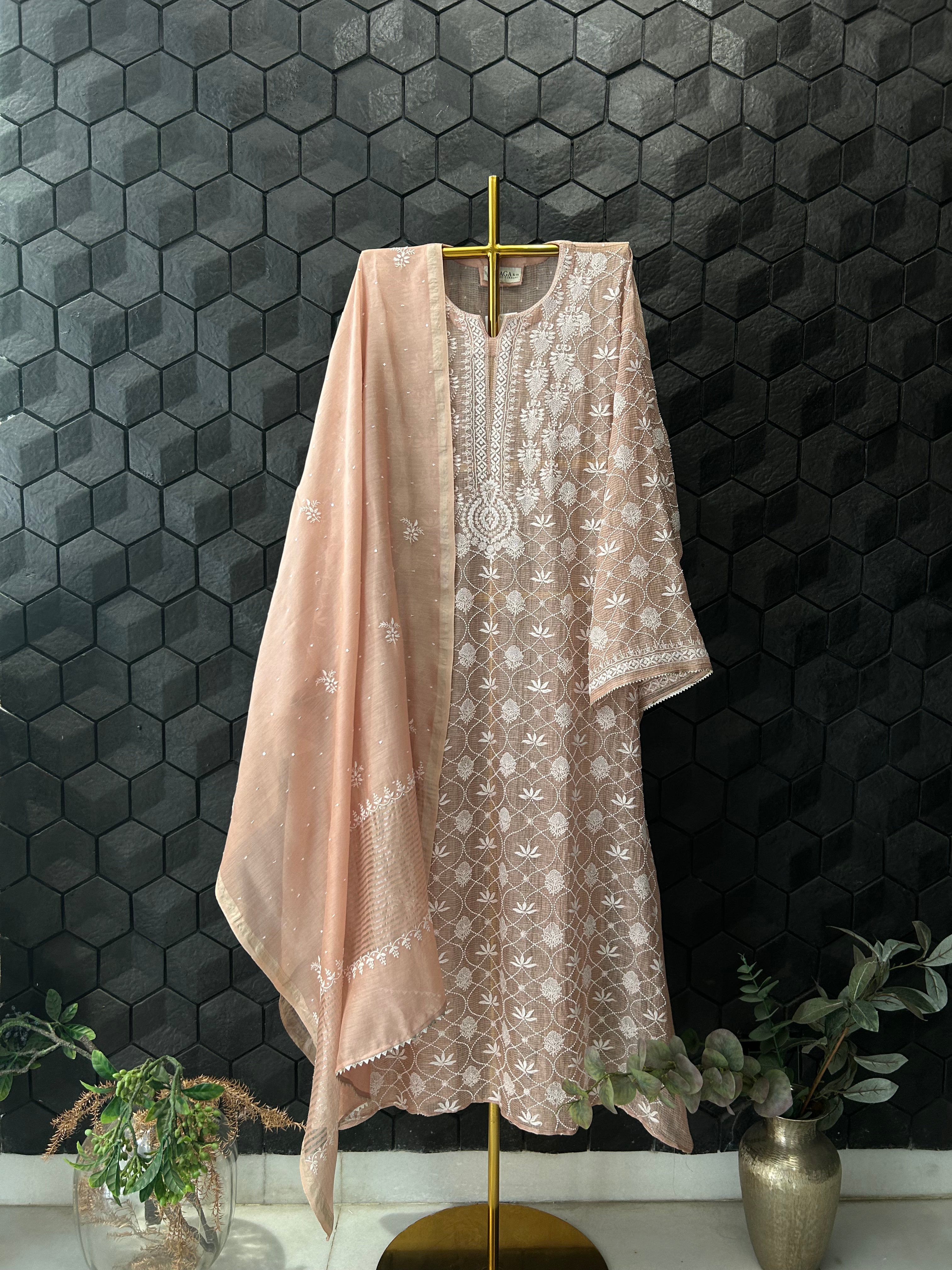 Peach Tissue Kota Chikankari Kurta Set